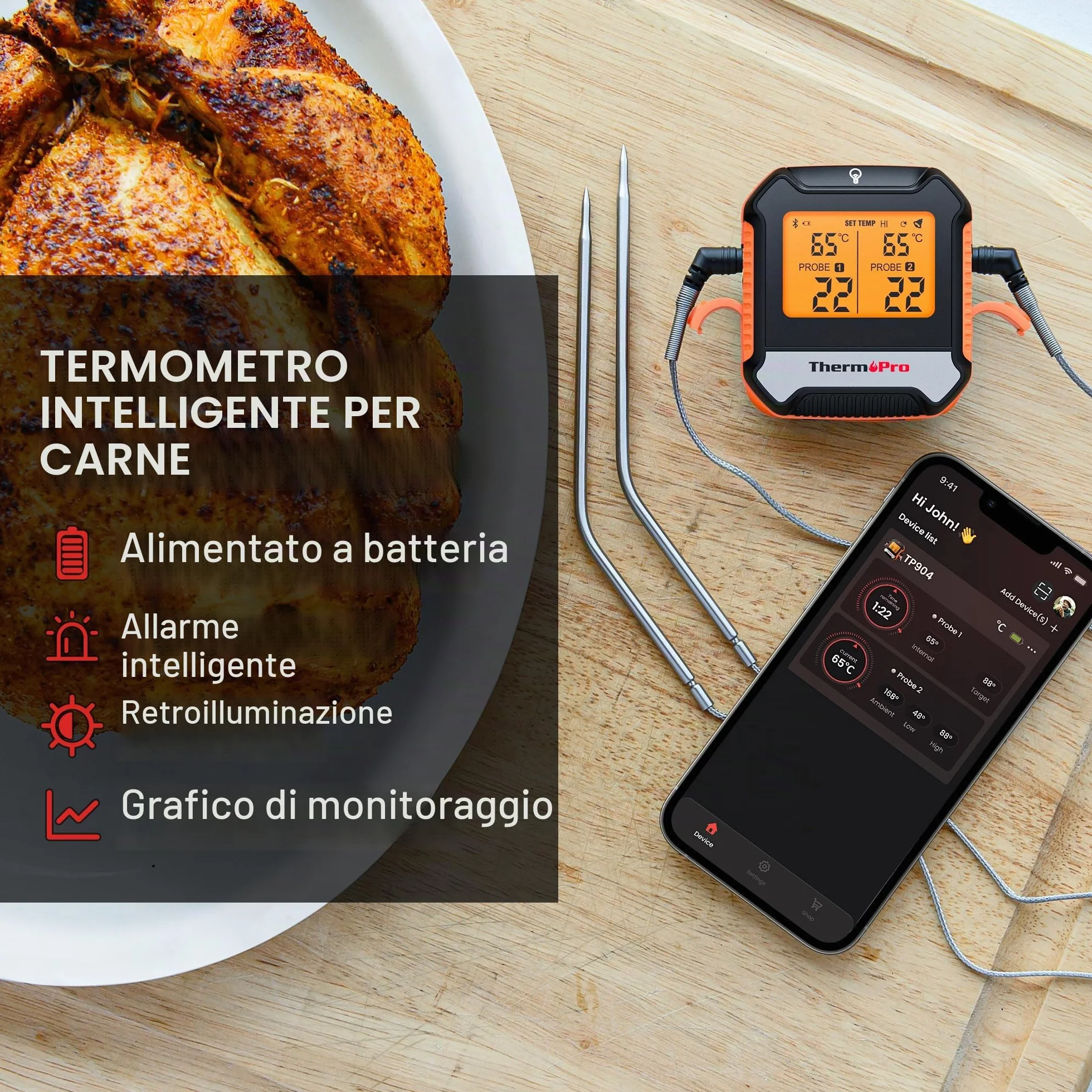 ThermoPro TempPro TP904 Termometro cucina Termometro Bluetooth per carne con 2 sonde di temperatura Termometro alimentare intelligente digitale per la cucina barbecue griglia forno affumicatore