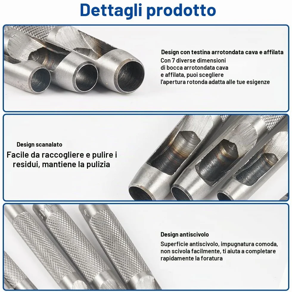 Punzoni per Cuoio, 7 Pezzi Rotondo Punzone Cavo in Acciaio Set, 5mm-11mm Fustelle per Cuoio, Affilato Punzone in Pelle, Punzoni per Bucare Cuoio, per Gomma Cartone Plastica Artigianato Tessuto