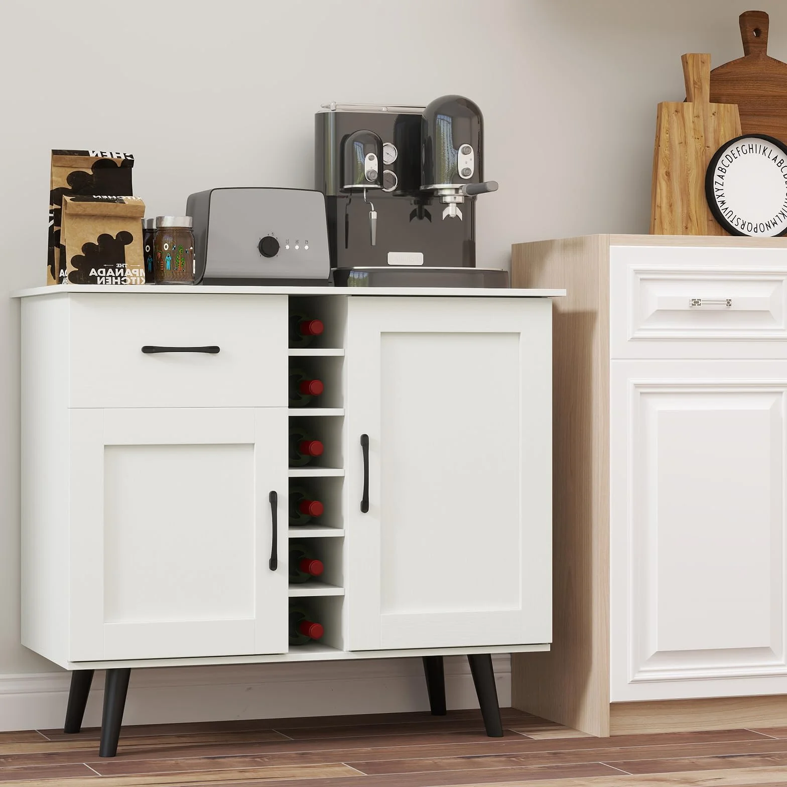 RELAX4LIFE Mobile Bar per Vino, Credenza con 2 Ante e 1 Cassetto, Porta Bottiglie da 6, Ripiani Regolabili, Credenza con Spazio per Vino per Cucina, Sala da Pranzo, Soggiorno