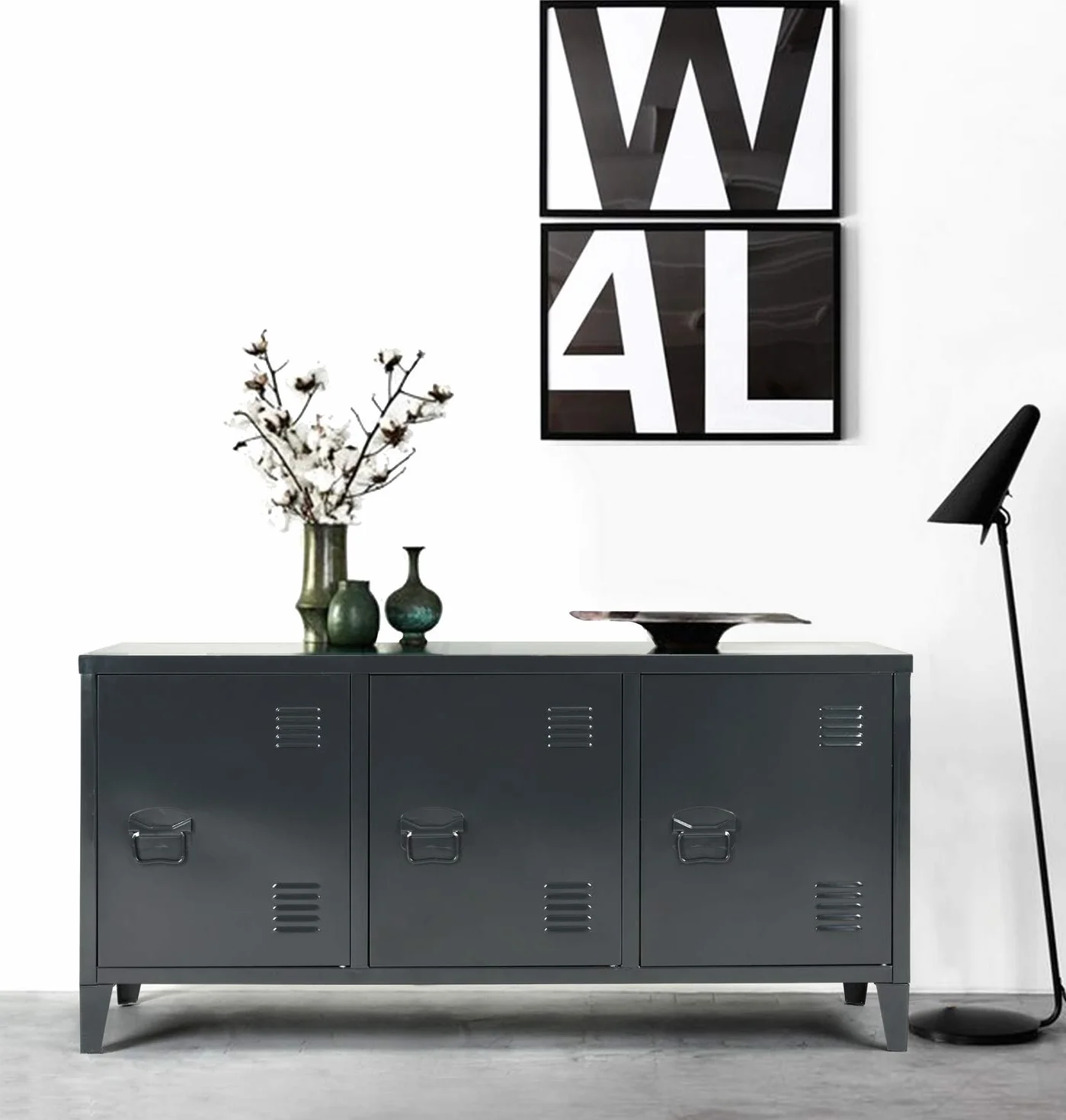 Homy Casa Grande armadio in metallo a doppio rivestimento con 3 ante in metallo, mobile da ufficio o guardaroba con due ripiani, basso, misure: 120 x 40 x 58 cm, nero