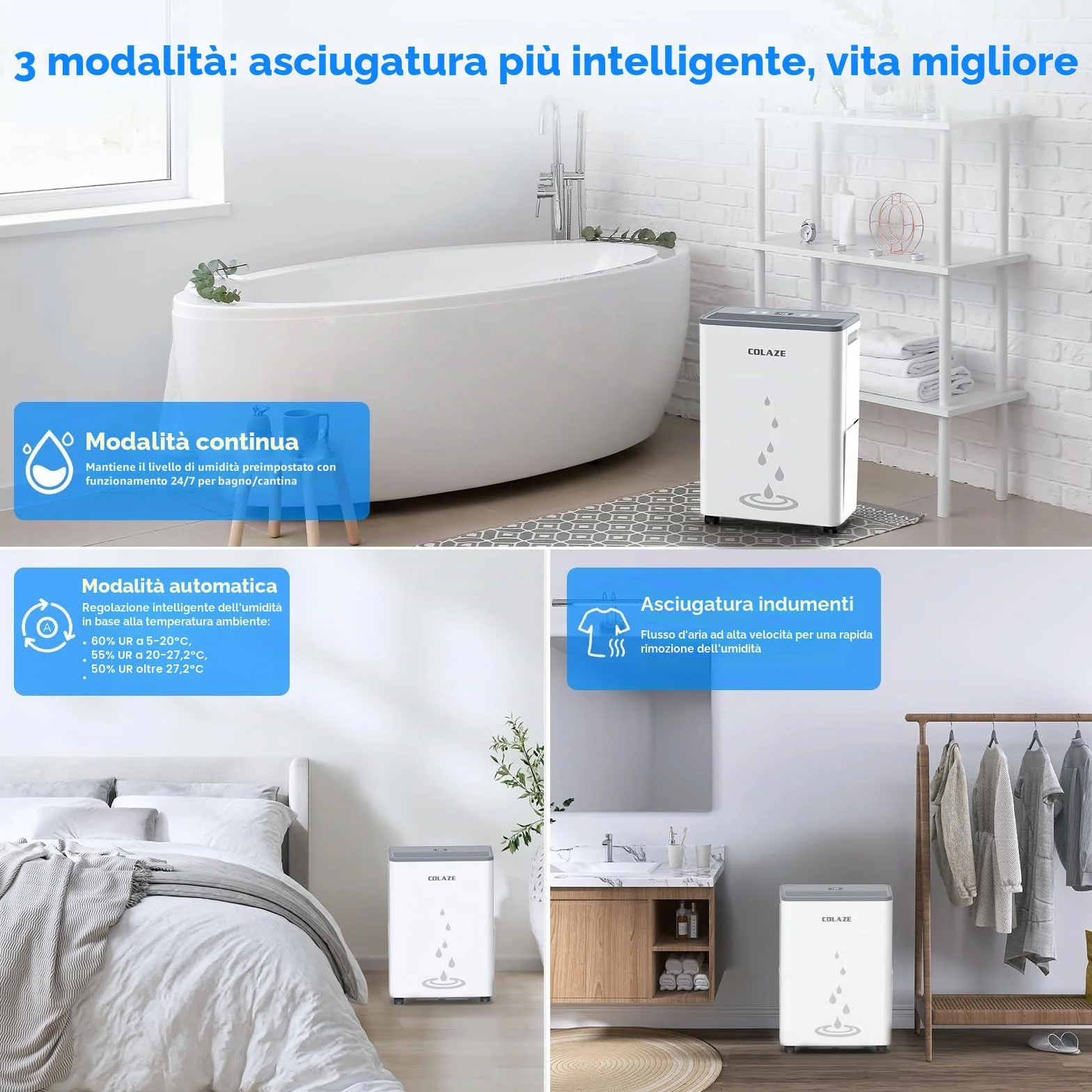 COLAZE Deumidificatore Casa Muffa 20L/24h, Adatto fino a 50㎡, Deumidificatore a Compressore Portatile Silenzioso, Timer 24 ore, Ideale per umidità e condensa