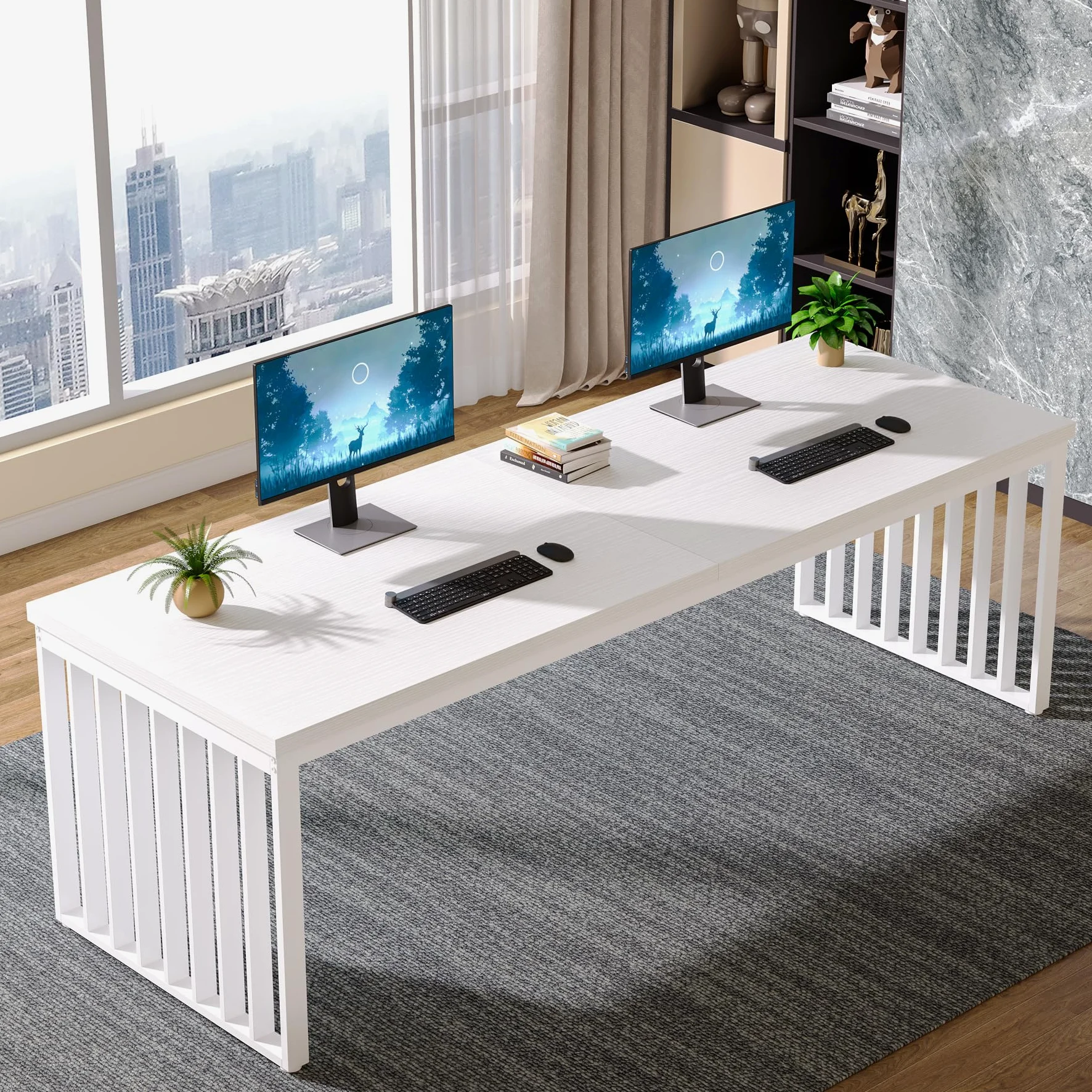 Tribesigns 180 cm scrivania, Grande scrivania per computer tavolo da ufficio con robusta struttura in metallo, postazione di lavoro per ufficio a casa scrivanie, tavolo da conferenza (Bianco)