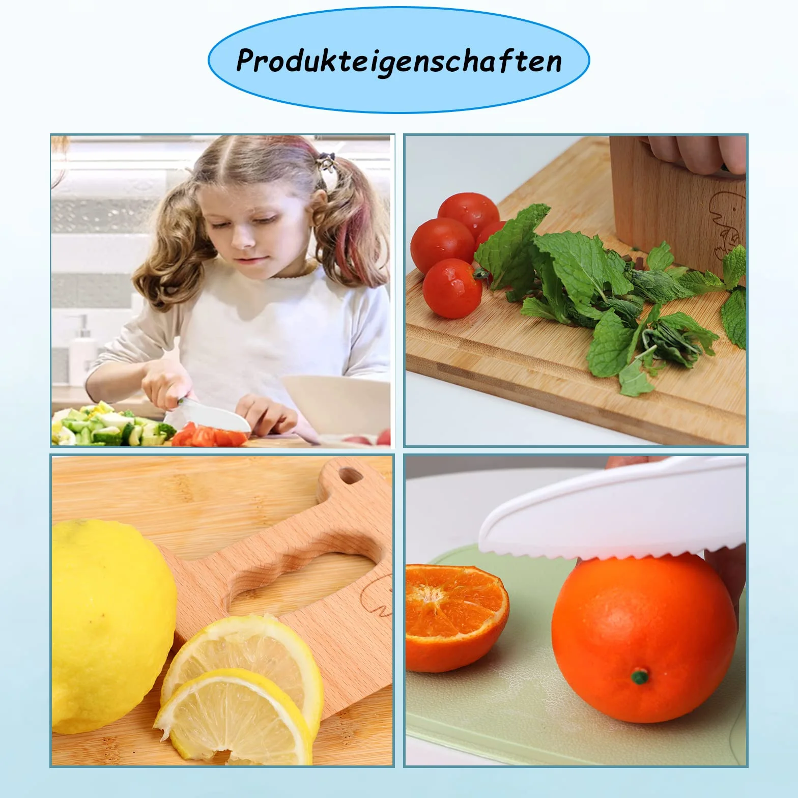 Goodchef Set di 5 coltelli da cucina per bambini per tagliare e cucinare frutta o verdura per bambini piccoli, con coltello in legno a prova di bambino a partire dai 2 anni (dinosauro dagli occhi