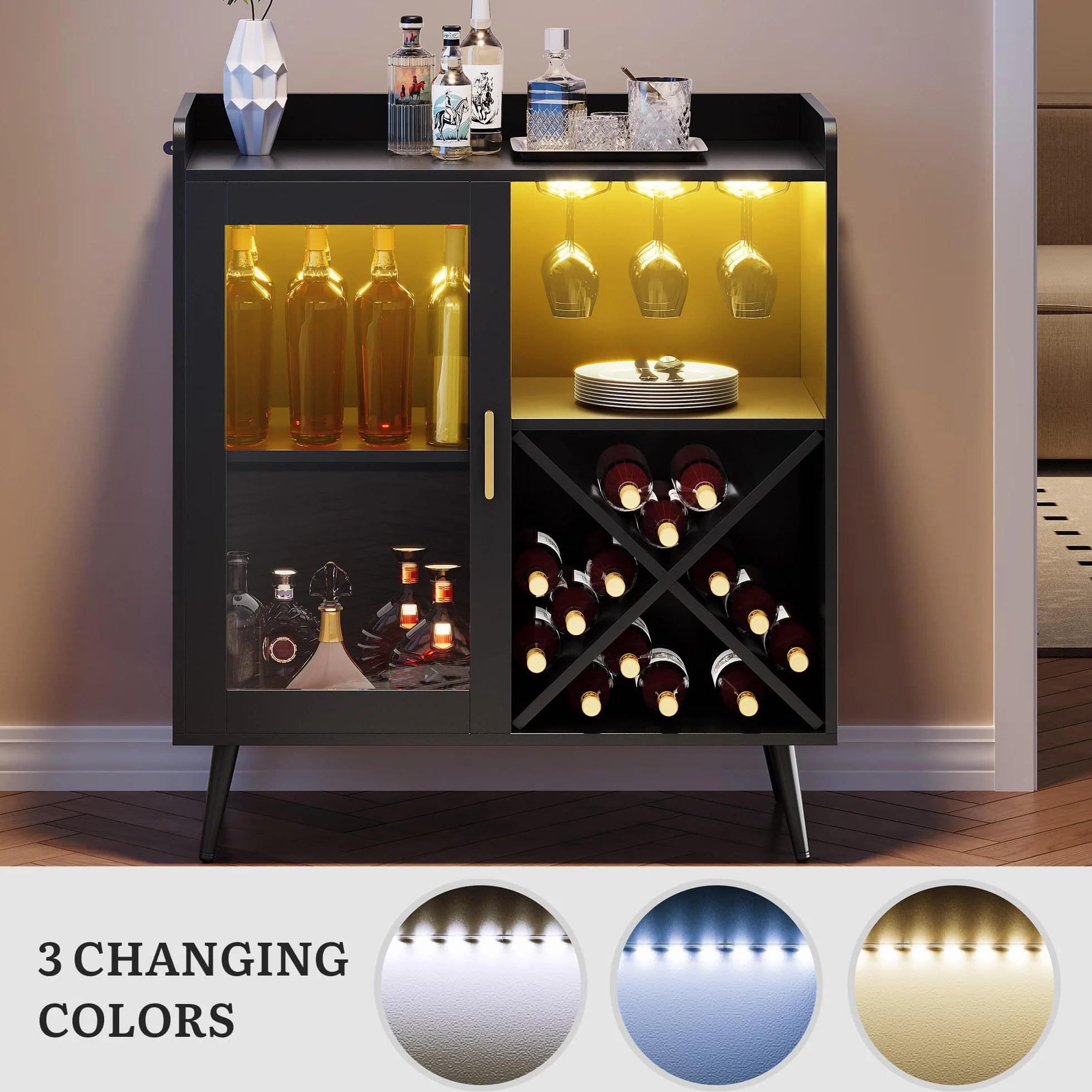 YITAHOME Piccolo mobile da bar con luci a LED, porta in acrilico e portabottiglie per vino, caffetteria con portabicchieri, credenza per casa, bar, sala da pranzo, soggiorno o cucina, nero