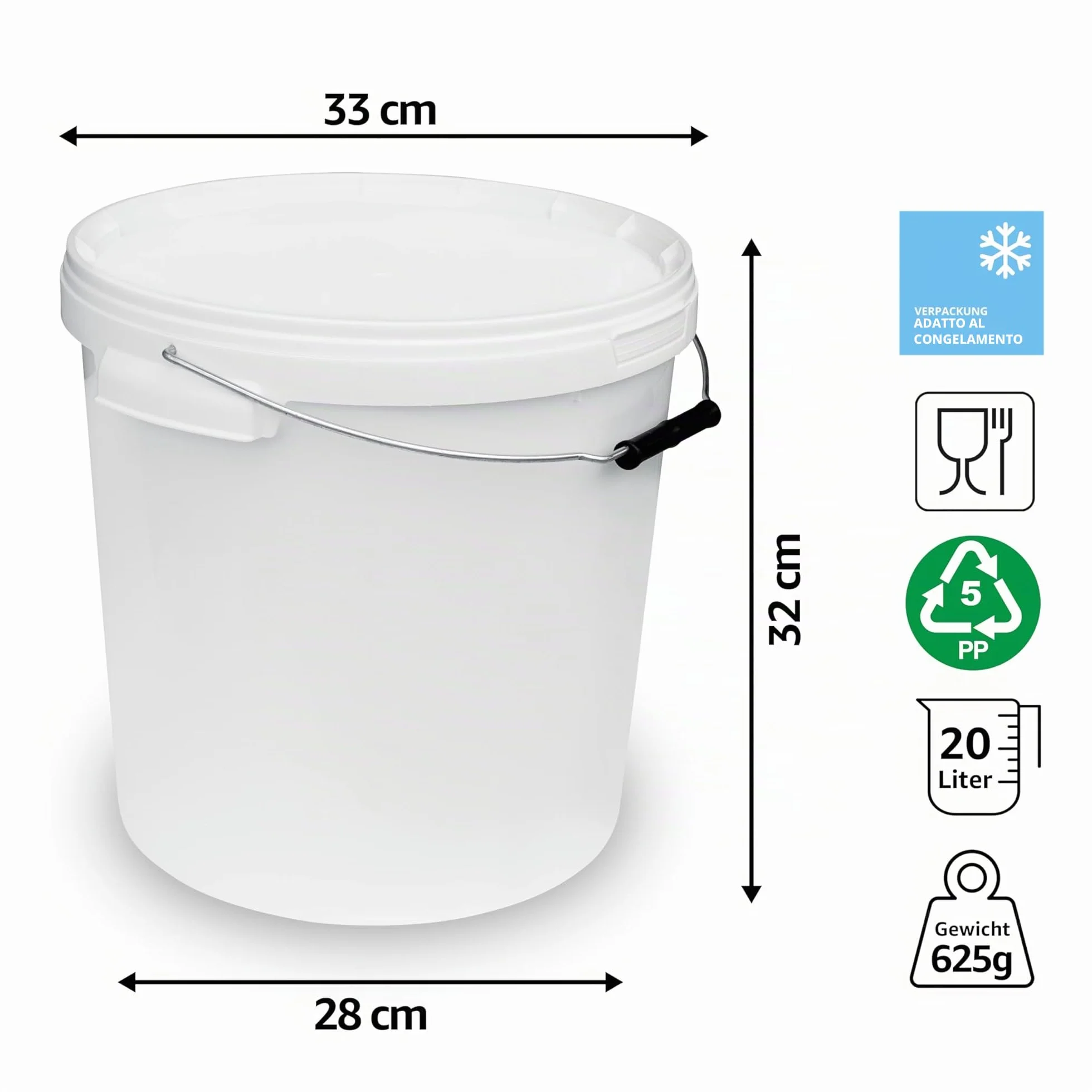 Secchio in plastica, 20 litri, bianco traffico, con coperchio