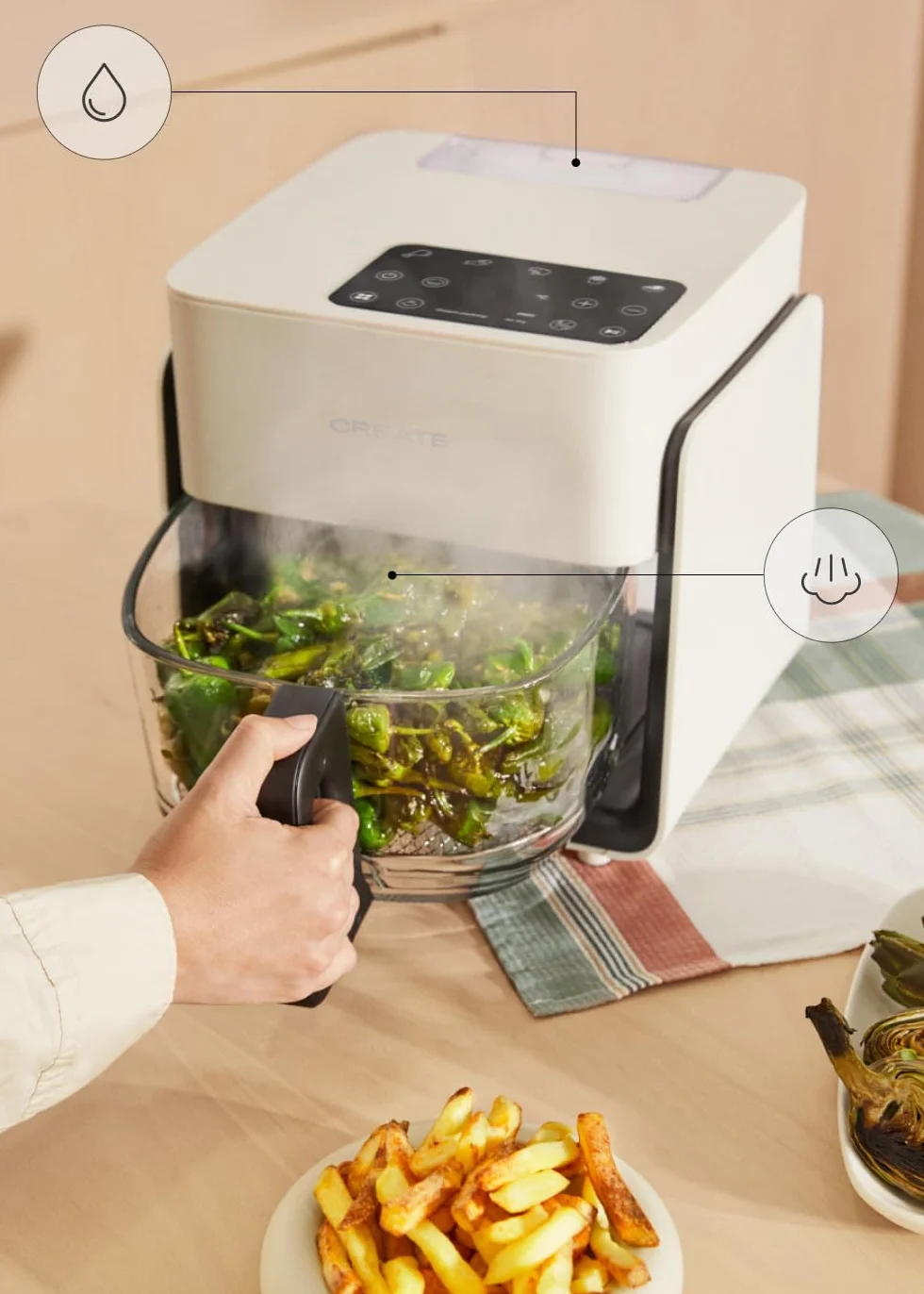 CREATE/AIR FRYER STUDIO CRYSTAL/Friggitrice senza olio 4,2 L con vaporizzatore d'acqua bianco panna/Capacità per 5-6 porzioni, 6 programmi, controllo di tempo e temperatura, 1300W