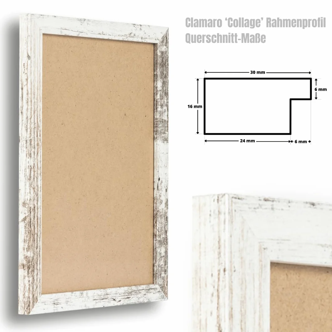 Clamaro 'COLLAGE' Cornice 40x60 fatto a mano | Bianco Antico | moderna cornice rettangolare in MDF con vetro acrilico, pannello posteriore e gancio (in formato orizzontale e verticale)