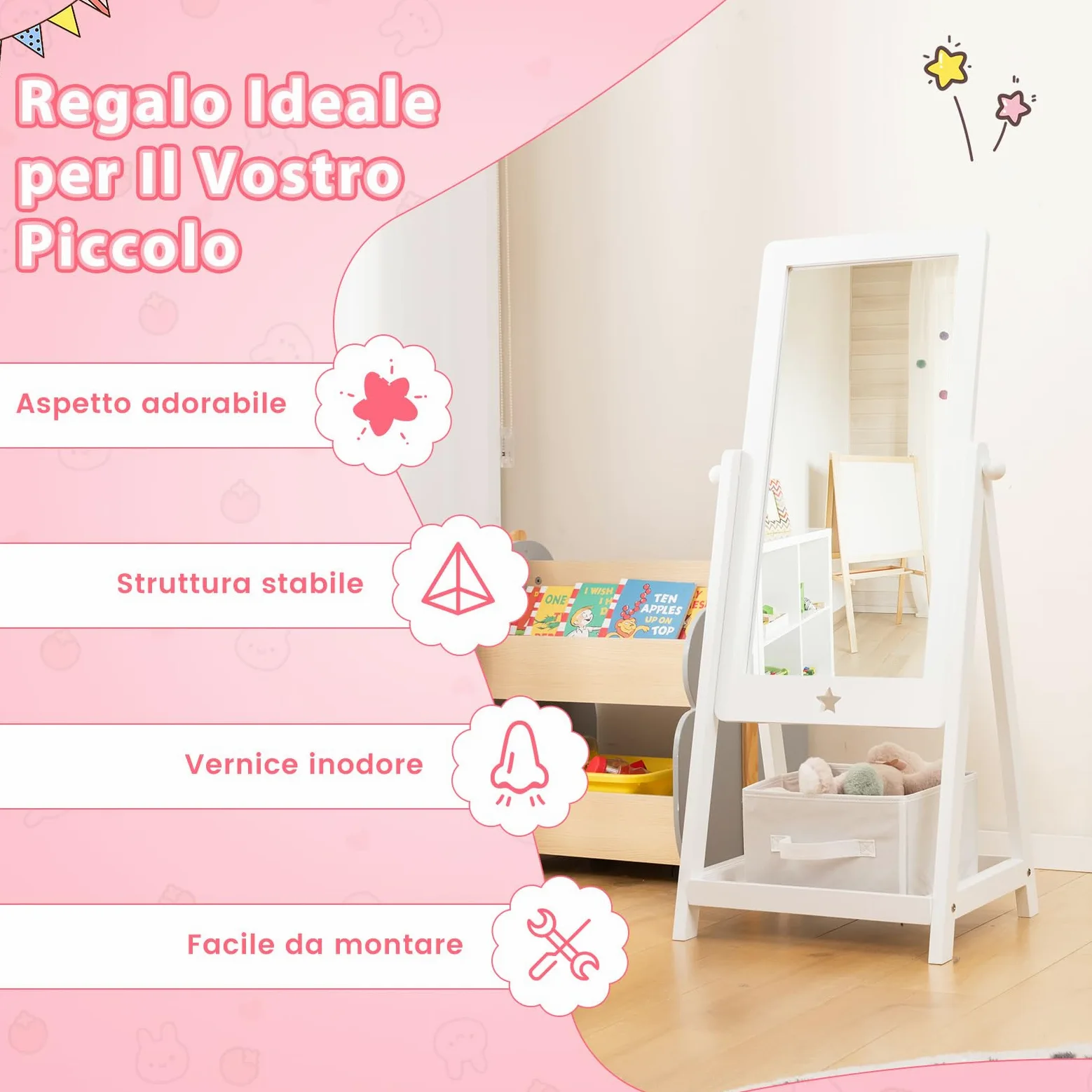 COSTWAY Specchio da Terra per Bambini in Legno con Scaffale Contenitore, Specchio per Cameretta Girevole con Cesto Ripiegabile, 45 x 40 x 112 cm, Bianco