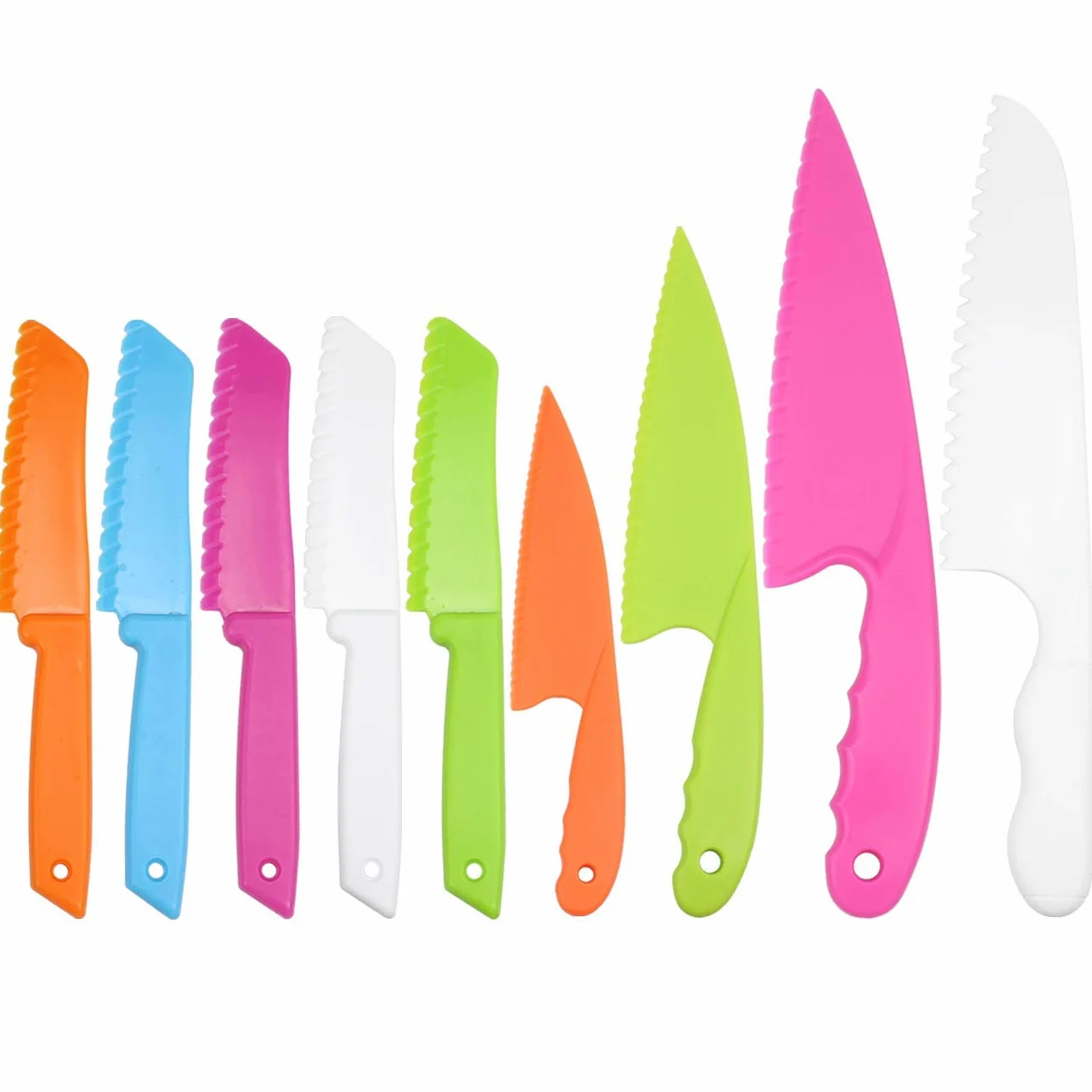 SelfTek 9 pezzi Set di coltelli da cucina in plastica per bambini Chef di cucina sicuro per bambini Coltelli per pane alla frutta