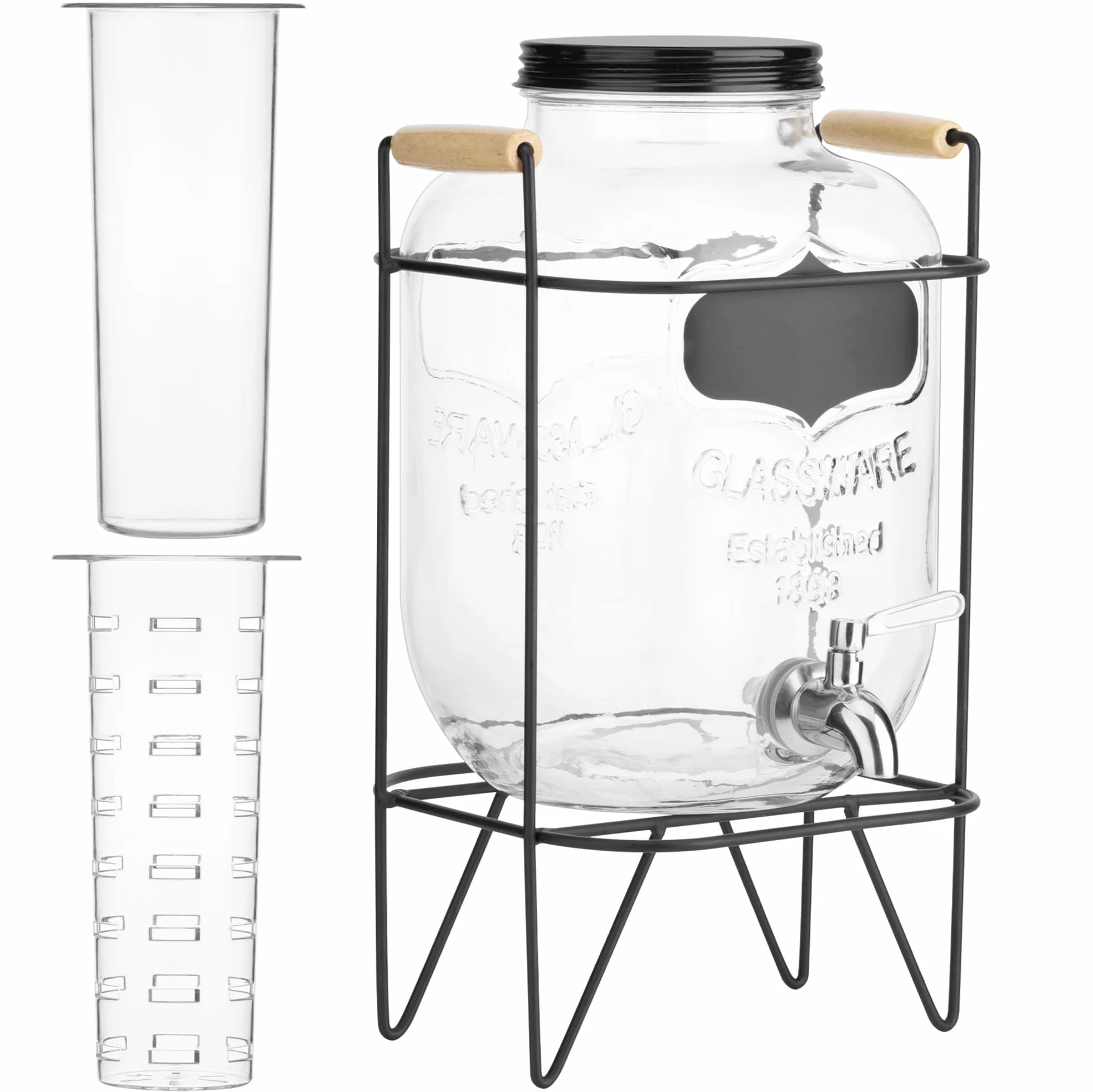 Dispenser per Bevande in Vetro 5 Litri Navaris - Distributore Acqua con Rubinetto e Supporto in Ferro