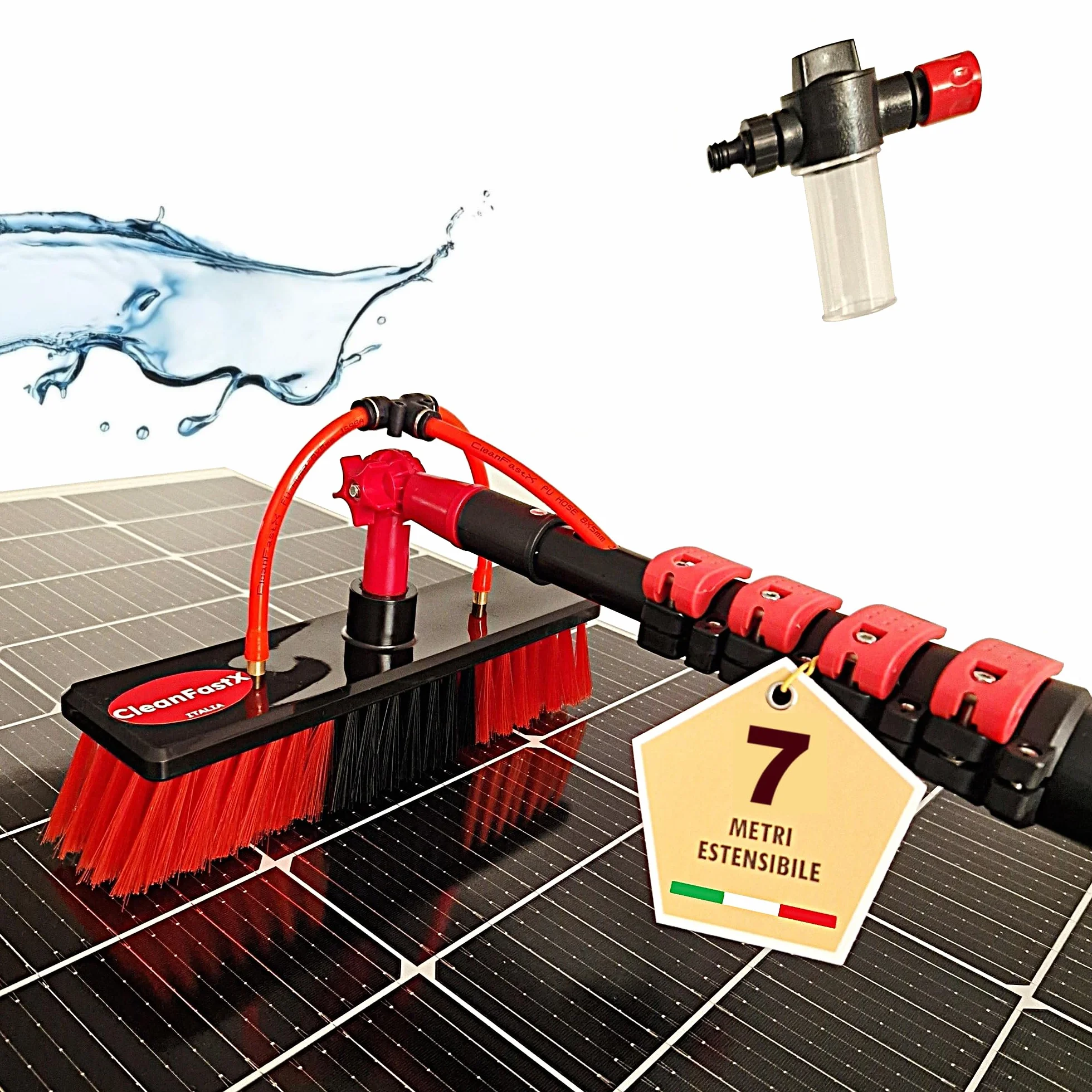 Italia | Kit Pulizia Pannelli Fotovoltaici | Estensibile 7 Metri | Idrospazzola ALINEAR per Lavaggio Tapparelle Vetrate Camper Auto Barca Pannelli Solari | Dispenser di Sapone Integrato