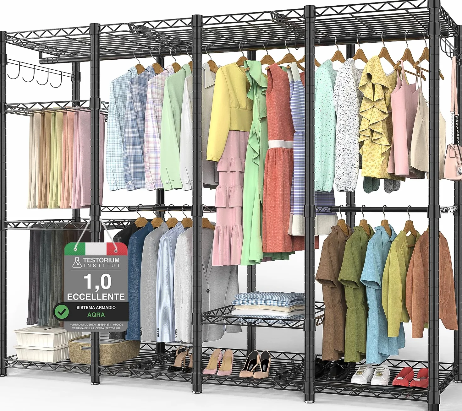 AQRA Stand Appendiabiti in Metallo, Altezza Del Ripiano Regolabile, Grande Capacità Guardaroba, 4 Metodi di Assemblaggio, per Appendere i Vestiti, Riporre i Vestiti, 193,5W×43,5D×195H (Nero)