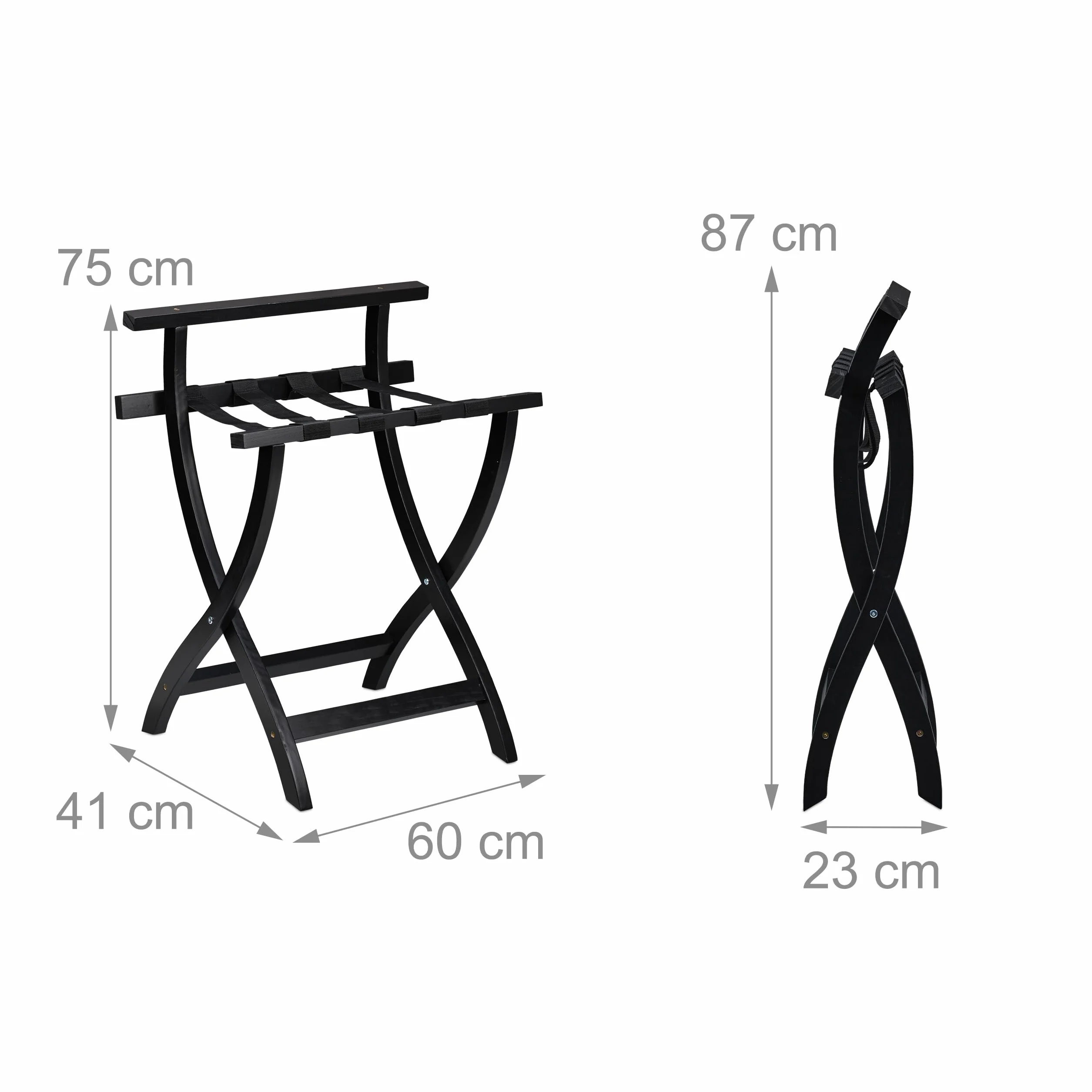 Relaxdays Portavaligie da Camera Stand Reggivaligia in Legno Pieghevole 75x60x41 cm Nero