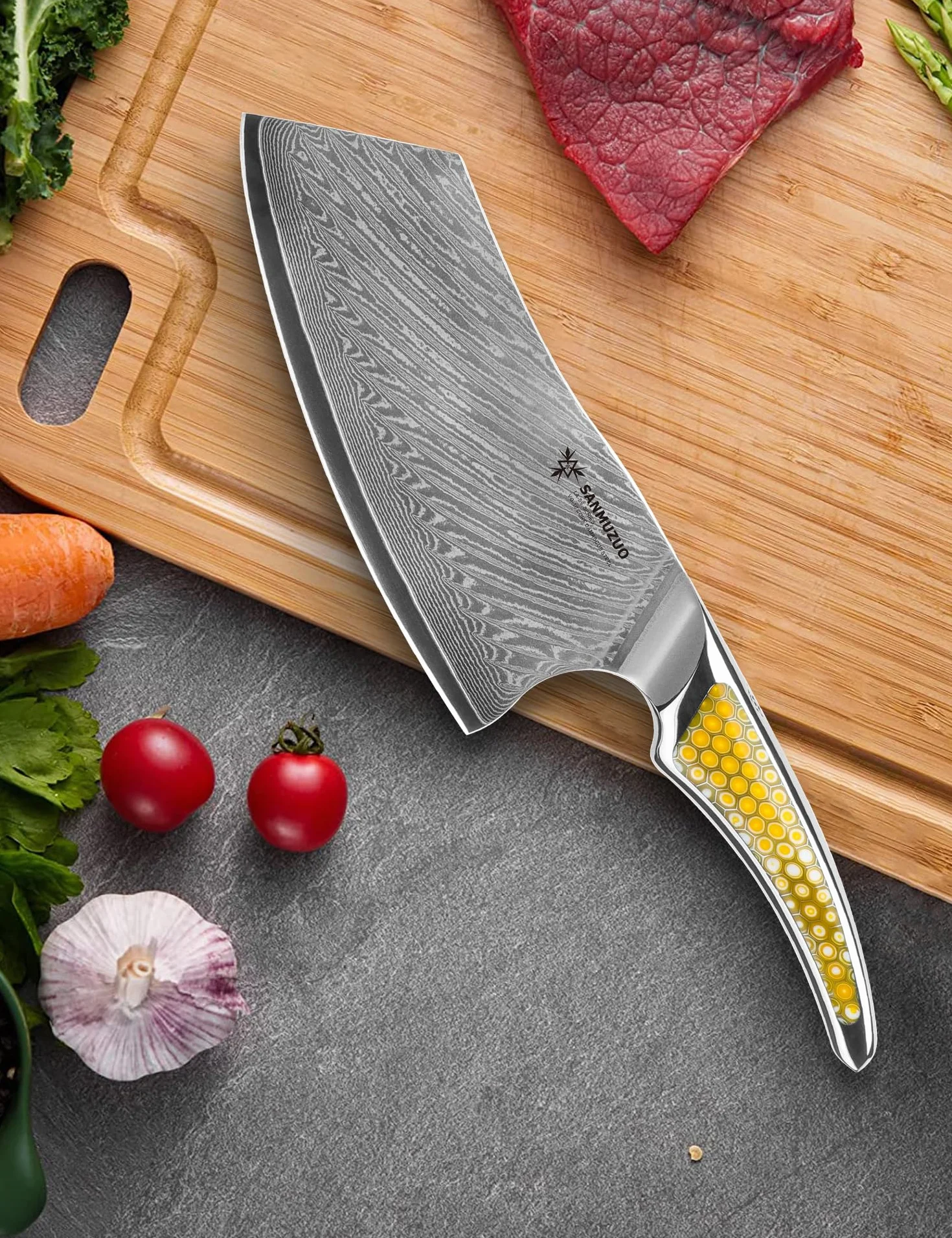 Coltello Nakiri da 18CM, coltello da carne giapponese in acciaio damasco VG-10, coltello da verdura ultra affilato con impugnatura a codolo intero in resina Giallo, serie LA-S9