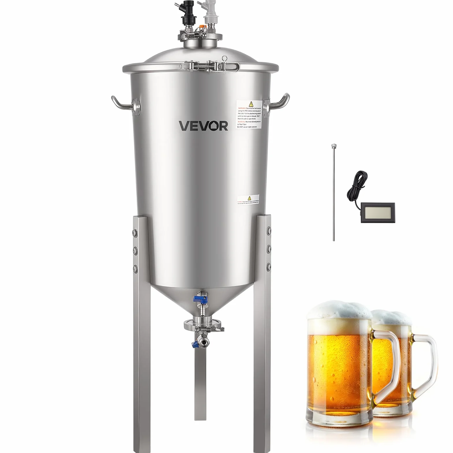 VEVOR Serbatoio di Fermentazione Conico per Produzione di Birra in Acciaio Inox da 30 Litri, Bollitore di Fermentazione con Fondo Conico con Coperchio, Maniglia, Termometro, Uso Domestico