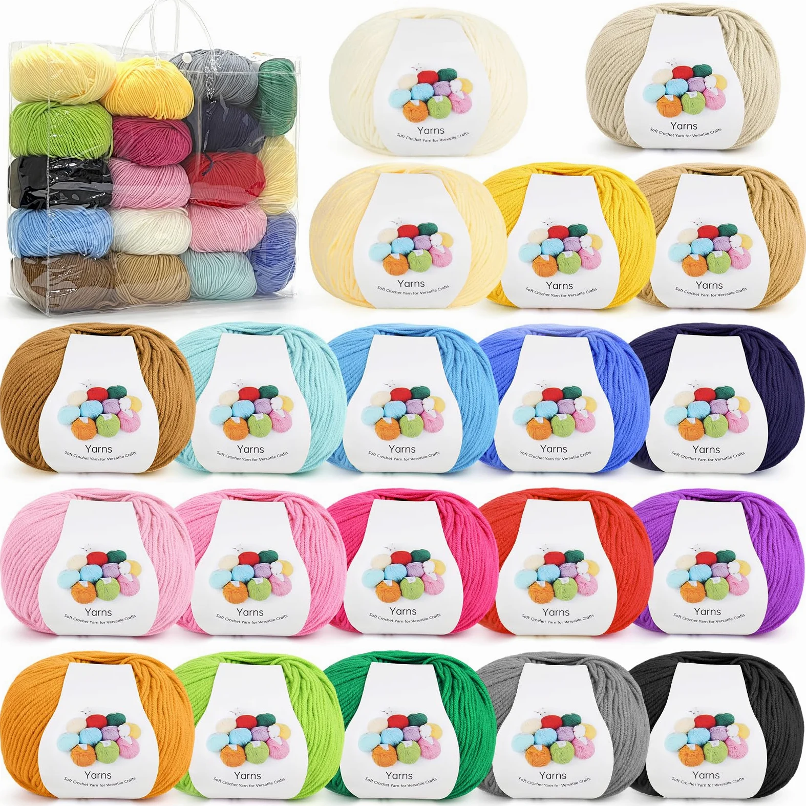 Coopay Granny Square - Set di 20 colori per uncinetto, 900 g, lana per lavorare a maglia, morbido filato all'uncinetto in acrilico e cotone per uncinetto, 4 faiding, lana all'uncinetto per vestiti del