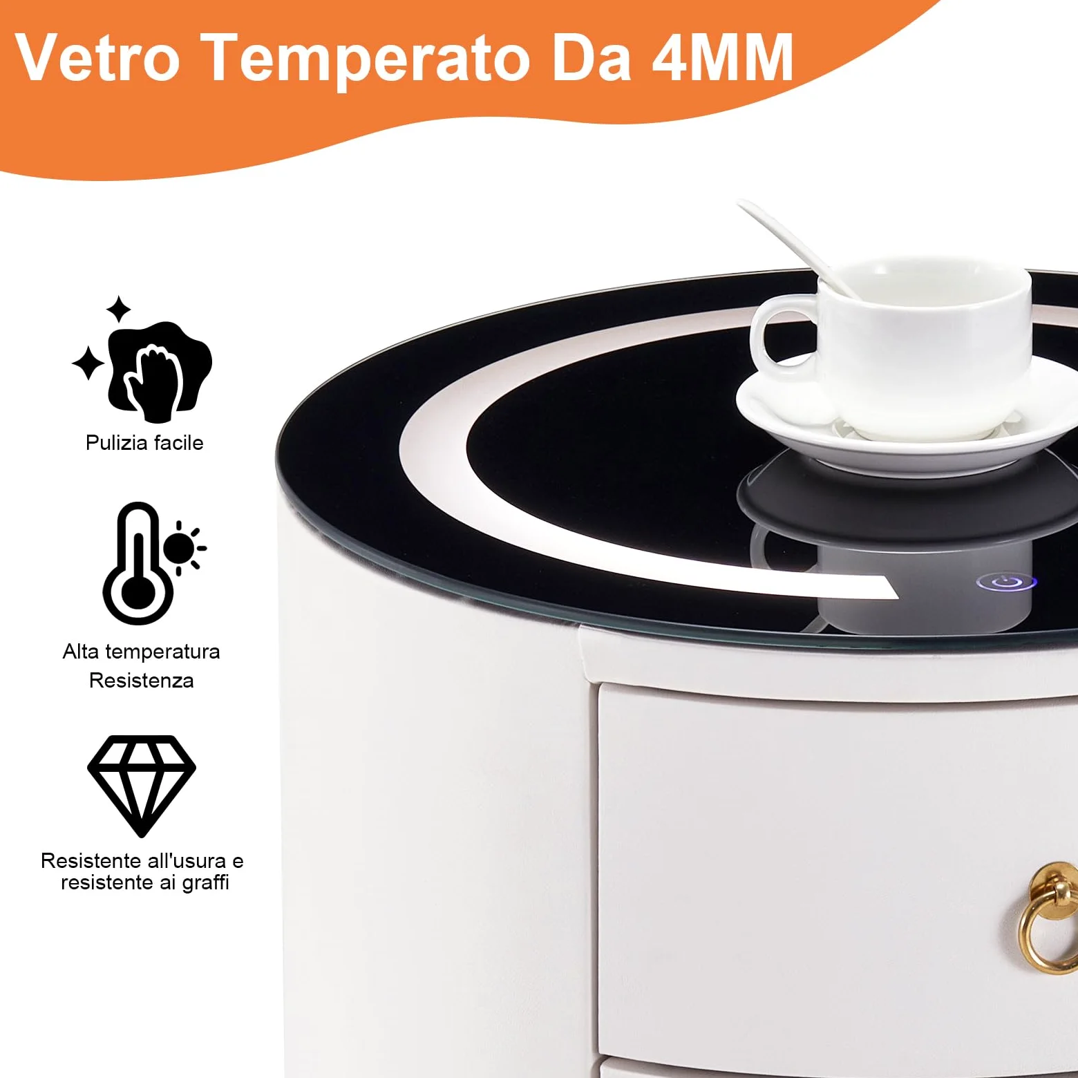 LEMROE Comodino rotondo con luce LED regolabile e stazione di ricarica wireless in vetro, Comodino intelligente con 3 cassetti, Tavolino da camera da letto (1, Bianco)