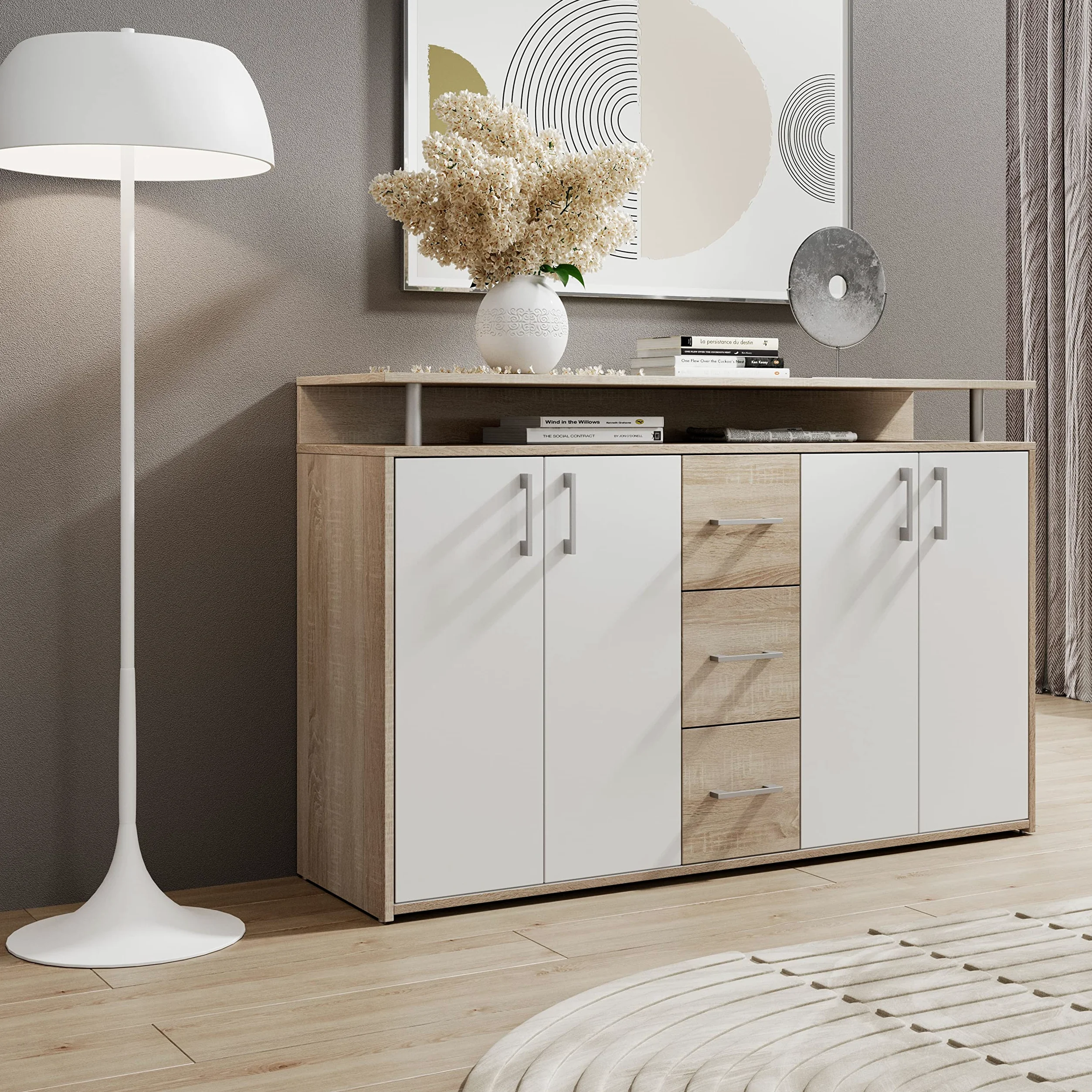 DRIFT, Credenza con ripiano simil rovere sonoma, bianco, elegantea e capiente credenza con cassettiera per la vostra zona giorno; 139 x 90 x 34 cm (L x A x P)