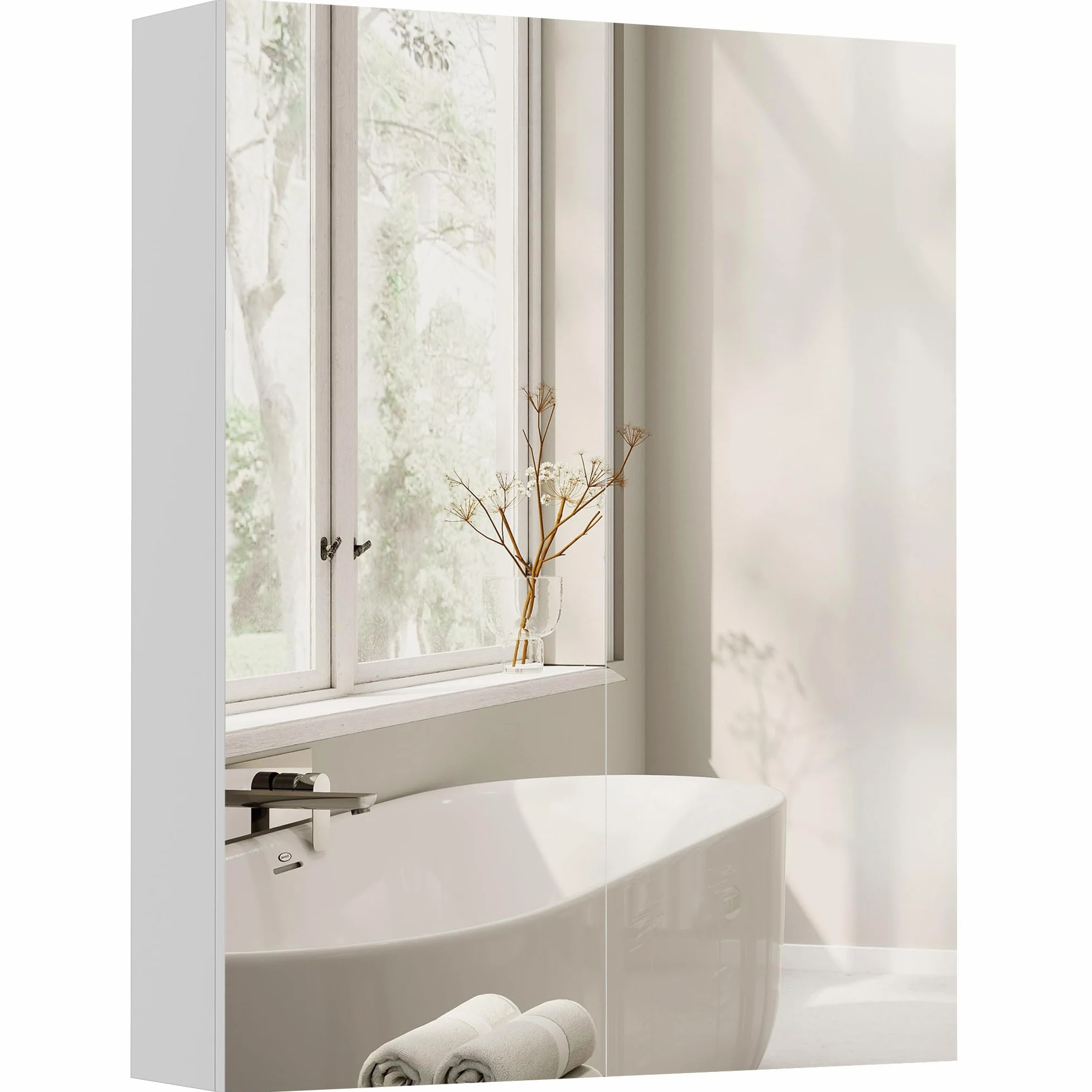 HOMCOM Armadietto Pensile da Bagno Due Ante con Specchiera e 2 Ripiani Interni, Mobiletto Bagno con Specchio e Soft Close in MDF, 60x15x75 cm, Bianco