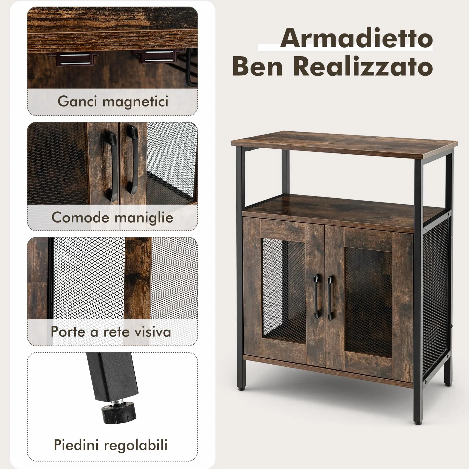 GYMAX Armadio per Vino per 5 Bottiglie Rimovibile, Armadietti di Vino con 6 Porta Calici, Mobile da Vino in Rete Metallica per Cucina, Sala da Pranzo, Industriale, 60 x 34 x 79 cm (Marrone)