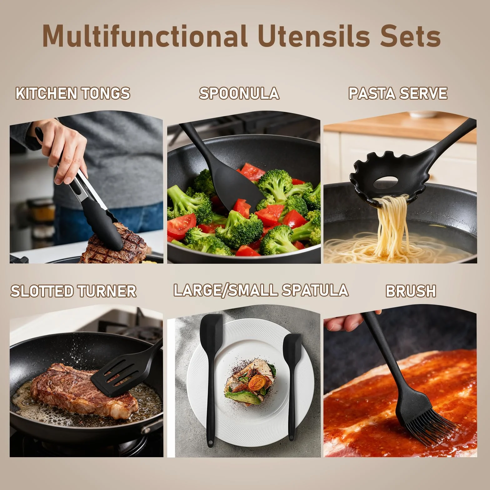 VINATO Set di Utensili da Cucina in Silicone, 12 Pezzi, Senza BPA, Nero