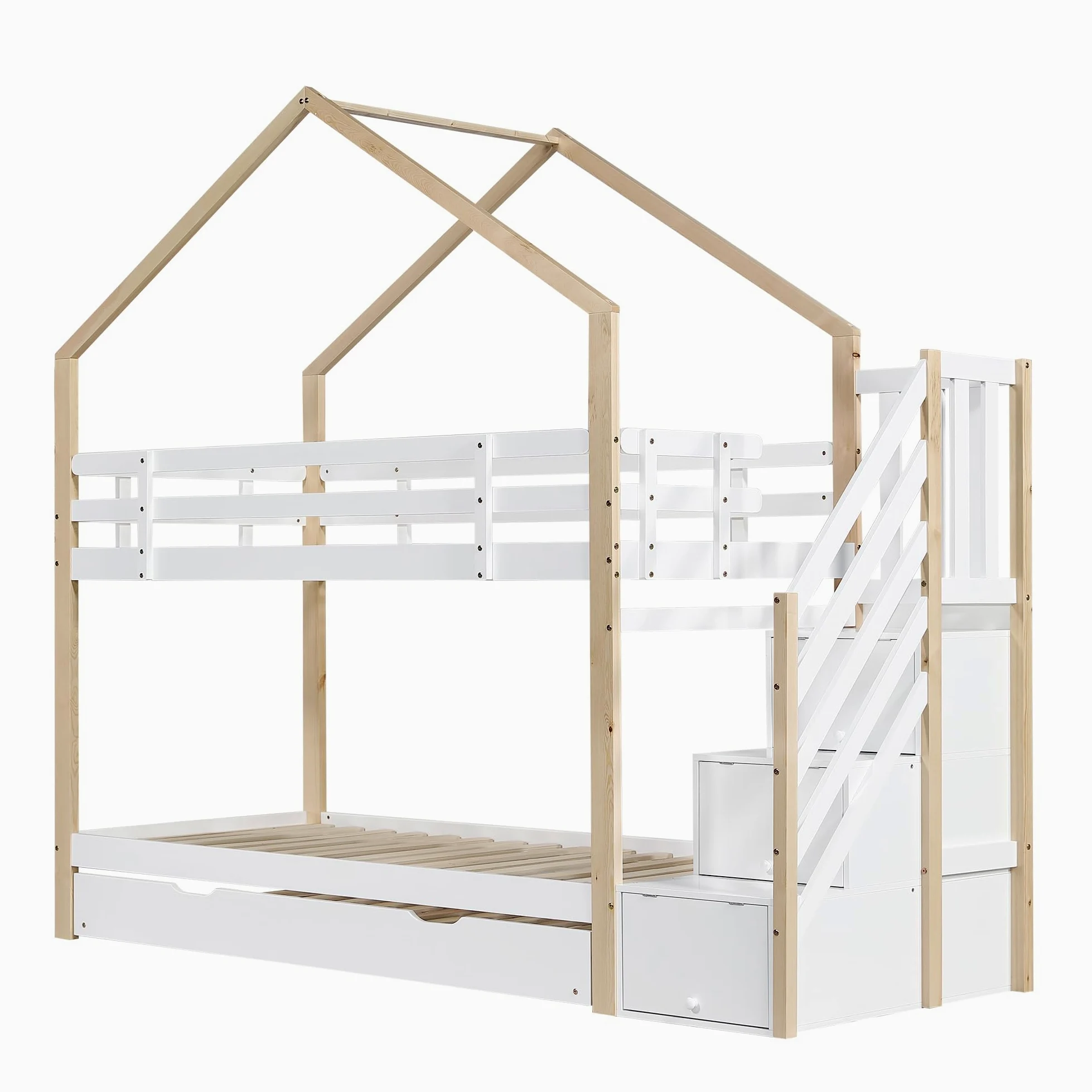 Rtopsu Letto per Bambini a Castello 90x200 cm con Letto Estraibile, Letto a Soppalco per Ragazzi con Scale e Contenitore Cassetti, Rete a Doghe in Legno, Bianco, Senza Materasso
