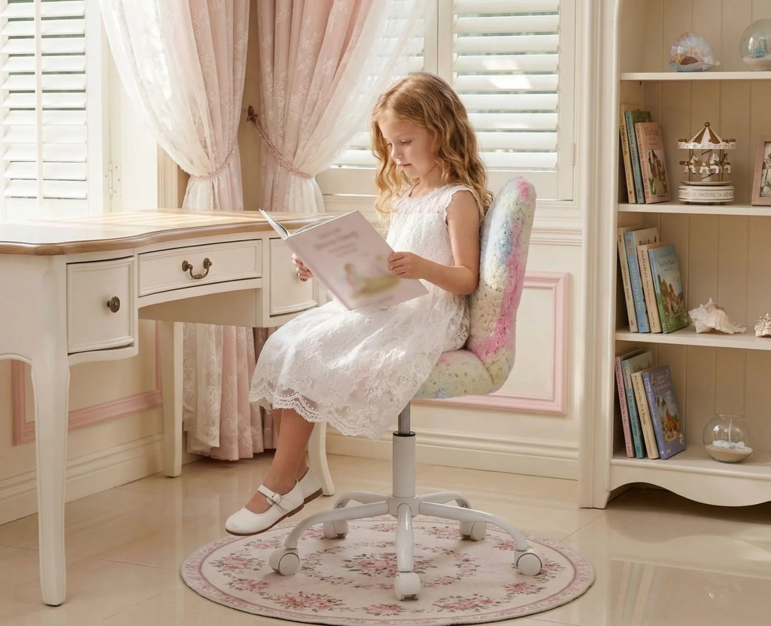 chairus Sedia Scrivania Bambina a Forma di Farfalla, Rosa | Sedia da ufficio per Bambini in Pelliccia Sintetica con Seduta Girevole Poltrona Altezza Regolabile per Studenti