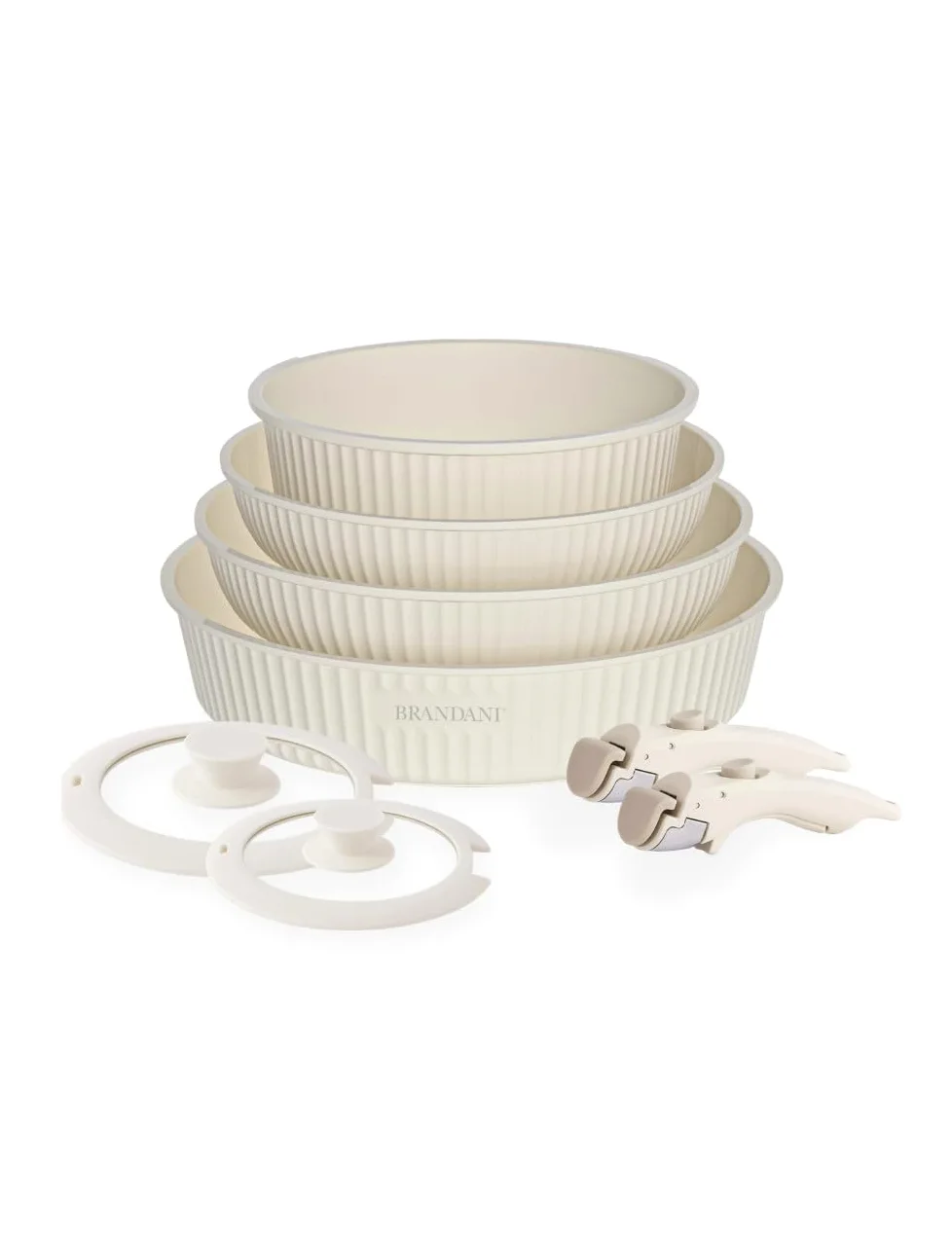 Brandani 80085 Smart Set 8 pz – 4 padelle impilabili in alluminio con 2 manici removibili e 2 coperchi in vetro temperato