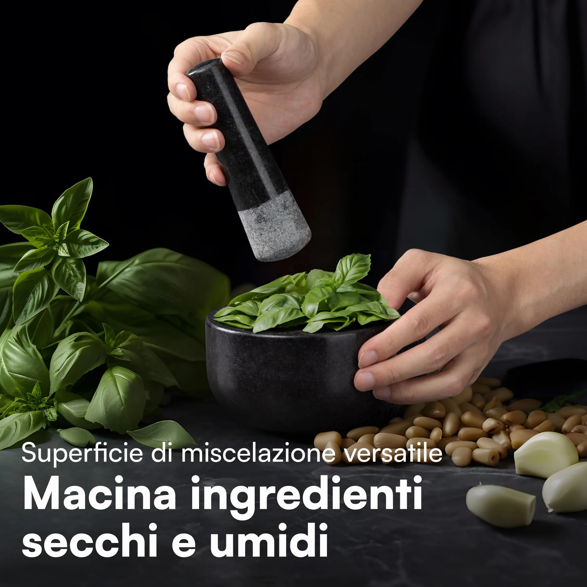 H&S Mortaio con Pestello in Granito - Ø 12 x 7 cm - Mortaio per Pesto - Utensili Cucina per Tritare Noci e Erbe Aromatiche - Stabile con Piedini Antiscivolo e Antigraffio - Nero