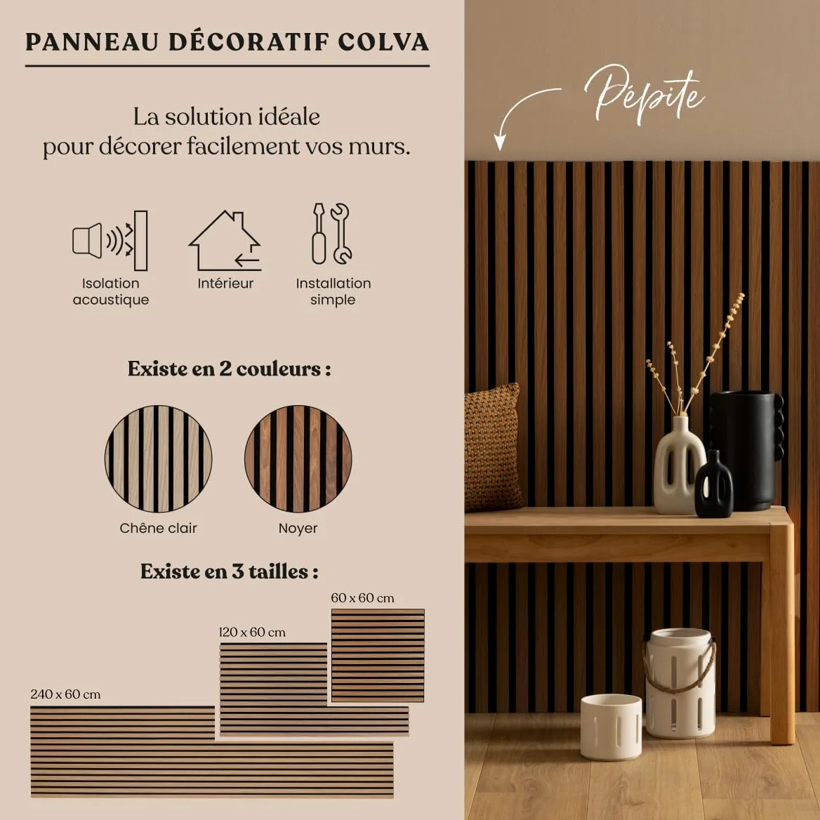 Atmosphera Créateur d'intérieur - Pannello Decorativo in Legno di Colva - 240x60cm - Finitura Noyer - Riduzione del Rumore