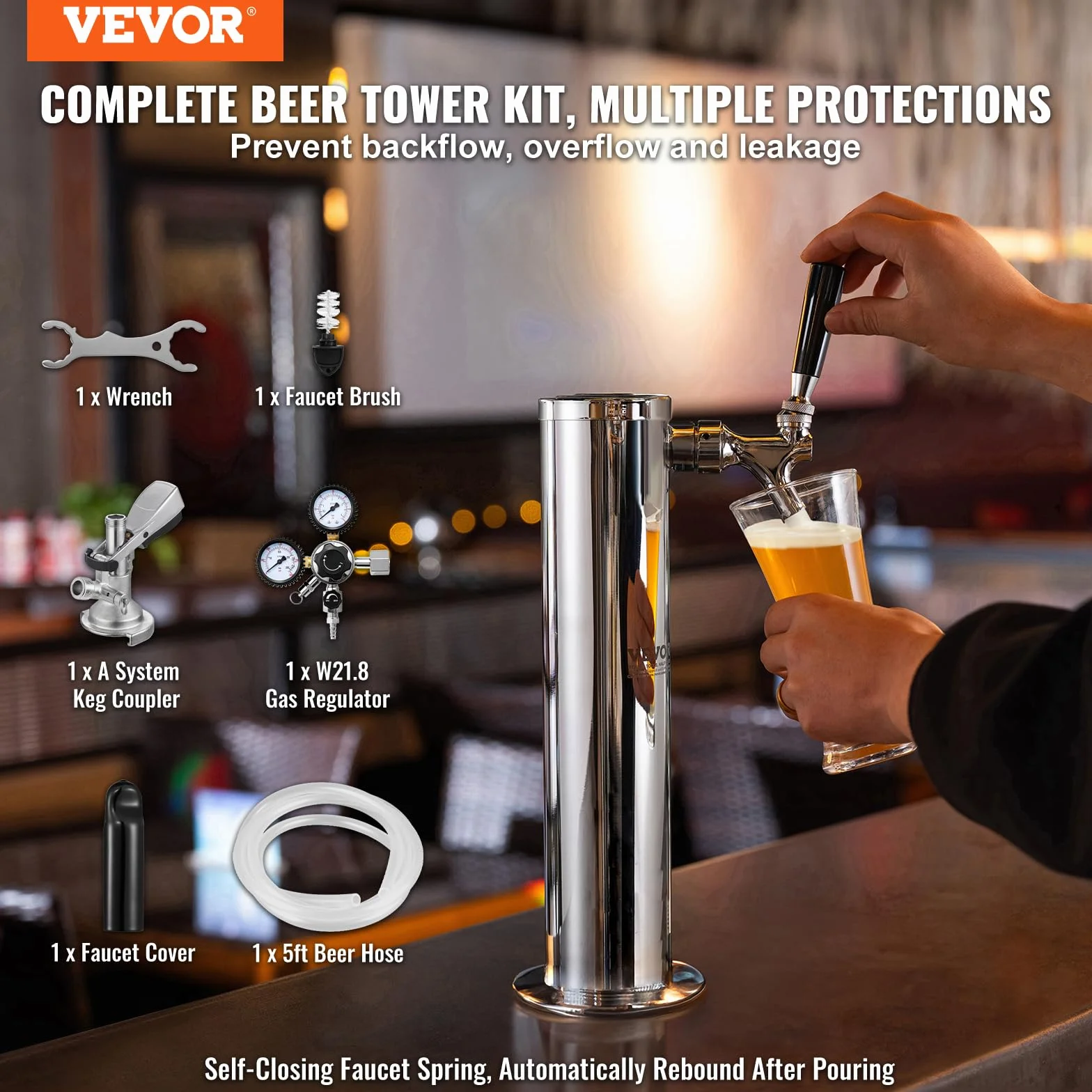 VEVOR Kit Colonna Birra a Rubinetto Singolo, Dispenser per Bevande Birra in Acciaio Inossidabile, Rubinetto Birra con Regolatore a Doppio Manometro W21.8, Accoppiatore per Fusti Sistema A