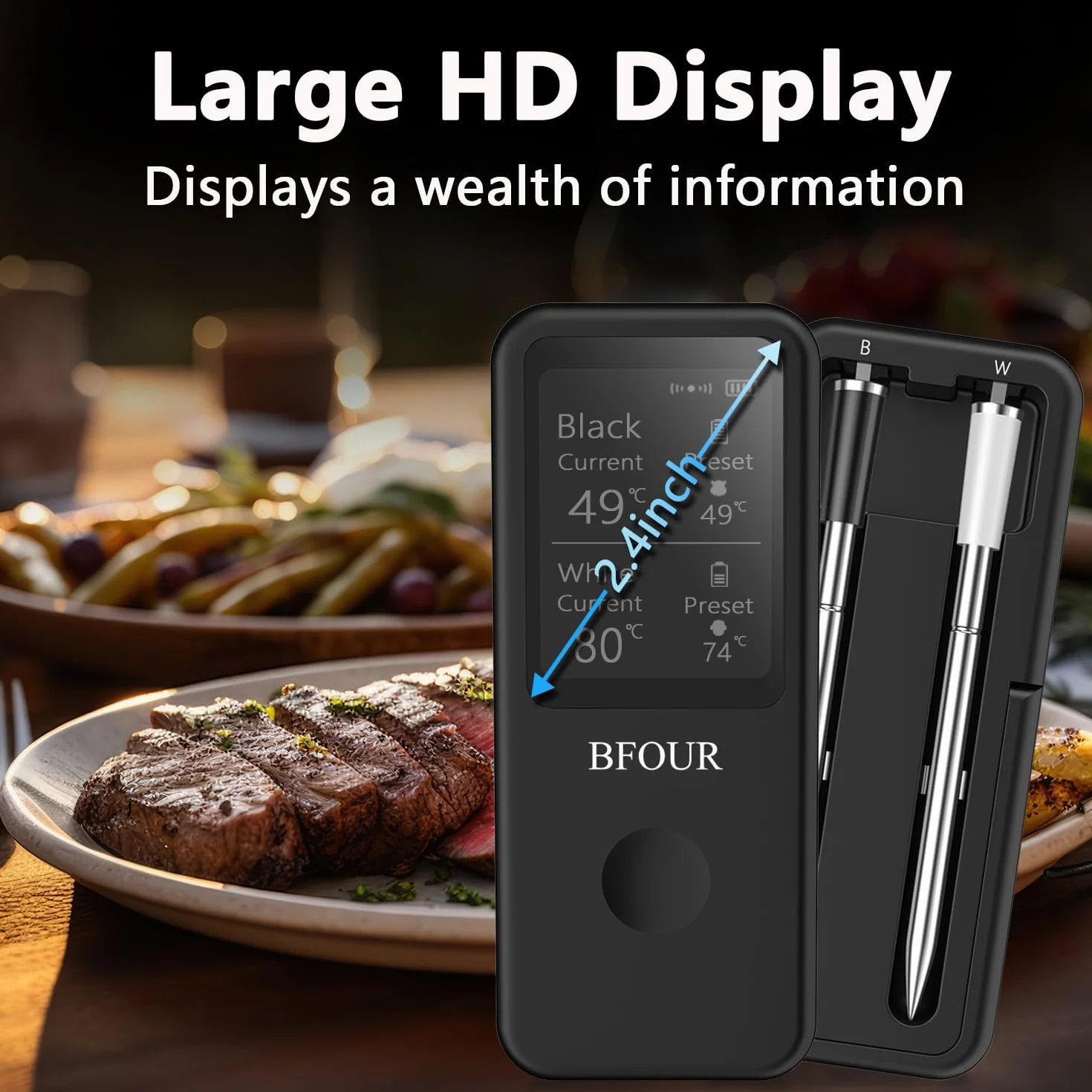 BFOUR Termometro per carne senza fili con 2 sonde, termometro per arrosti Bluetooth, digitale senza fili, per barbecue, controllo APP, precisione ± 0,5 ℃, termometro impermeabile per lavastoviglie