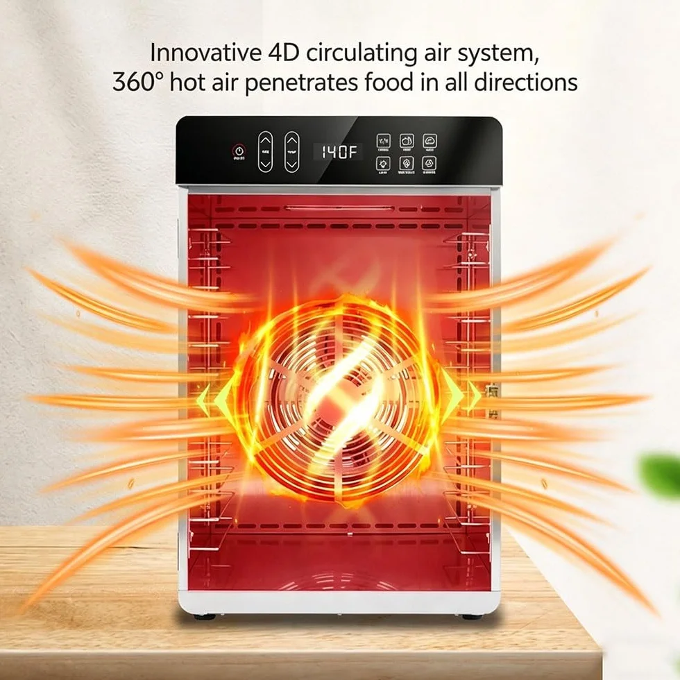 Essiccatore per Alimenti professionale 800W in Acciaio Inox, 10 Vassoi in Acciaio Inox, Grande Capacità, Display LED, Timer 24H, Temperatura Regolabile 30℃ – 90℃, per Carne, Frutta, Verdure(10 tray)