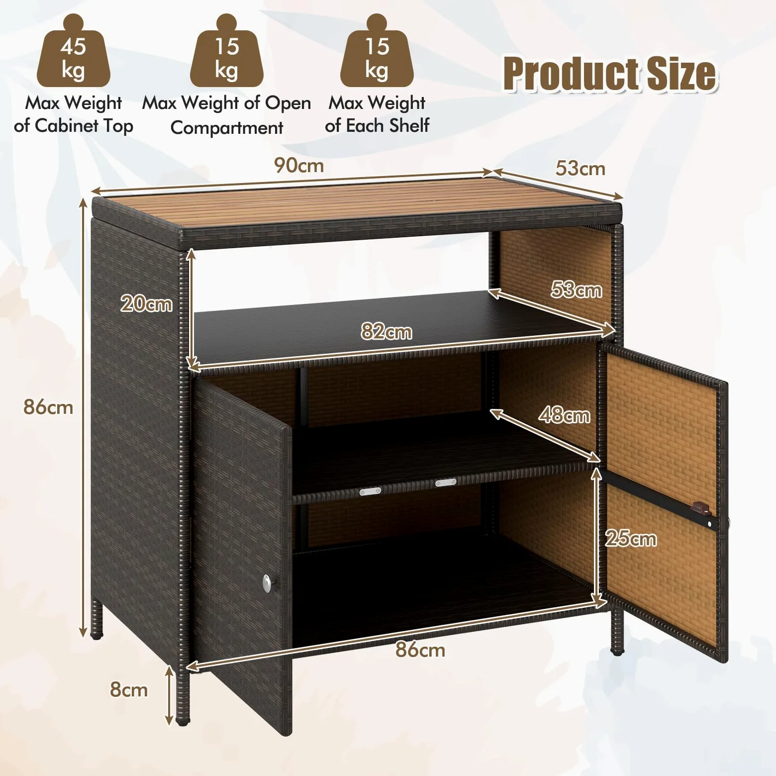 LIFEZEAL Credenza Cucina, in Rattan PE, Mobile Cucina, con Superficie Ampia in Legno di Acacia, Credenza Soggiorno, con Rapiano Aperto e 2 Ante, 90x53x86 cm, per Giardino Terrazza e Patio (marrone)