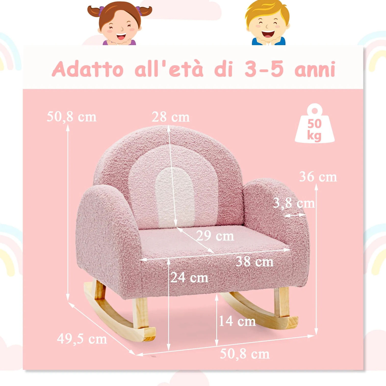 COSTWAY Sedia a Dondolo per Bambini con Gambe in Legno Massiccio, Poltrona a Dondolo per Bambini con Cuscinetti Antiscivolo, per Stanza dei Giochi, Camera da Letto, Scuola Materna (rosa)