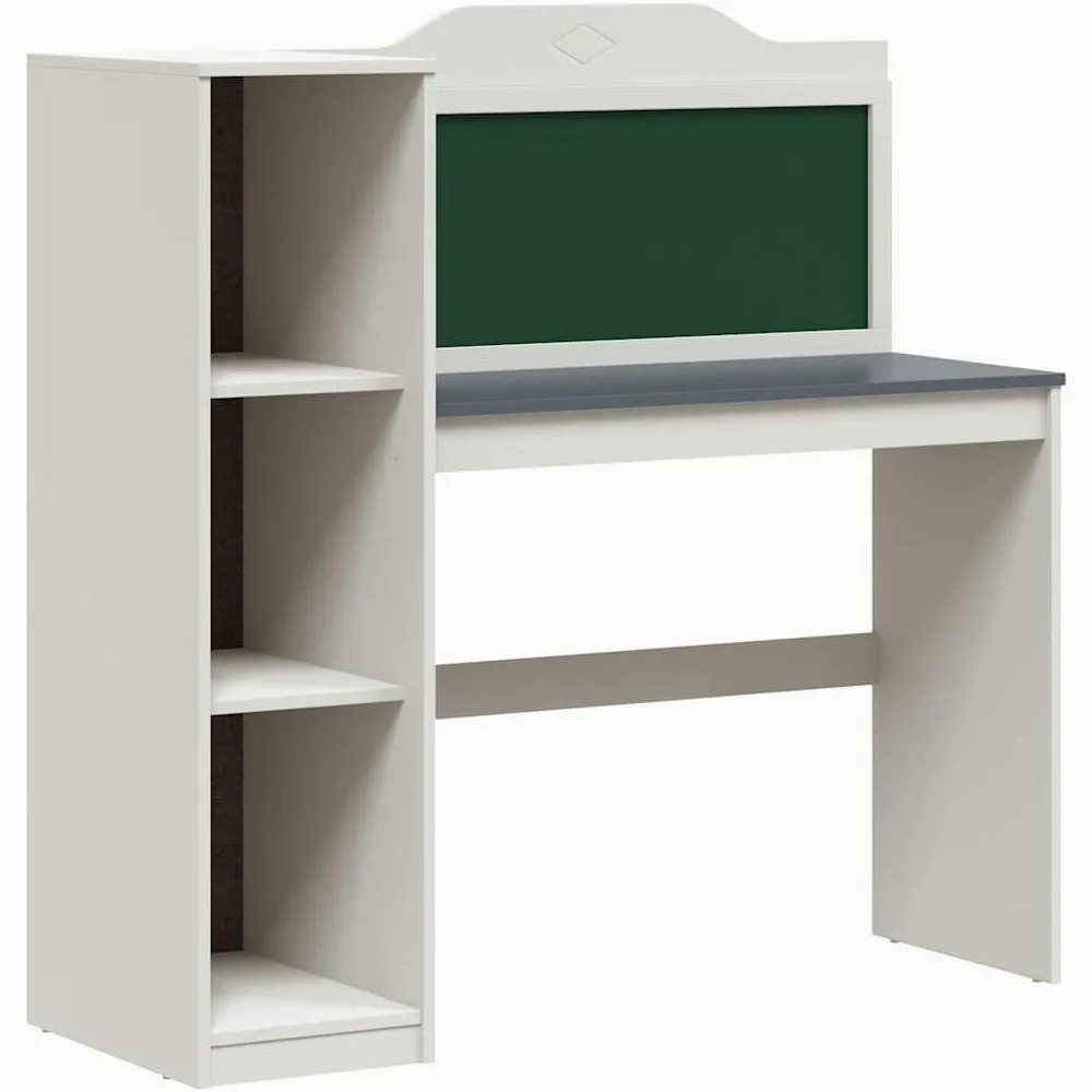 Scrivania moderna con lavagnetta e ripiano aperto, scrivania con lavagna da 120 cm e gambe quadrate, bianco con e ripiano