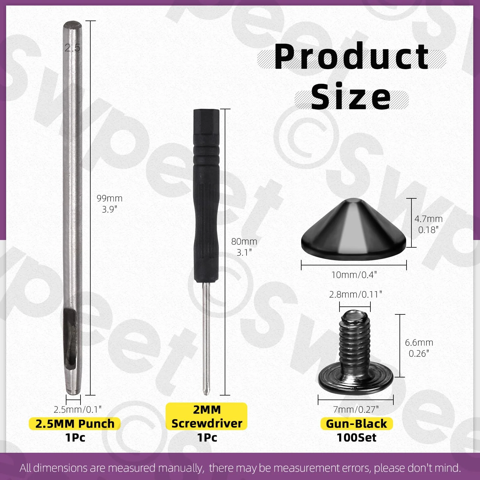 Swpeet Set di 102 punte a cono Gun Black e borchie con perforatore e cacciavite, viti per rivetti rapidi per artigianato in pelle, punte a cono Bullet Cone per abbigliamento, scarpe, artigianato in