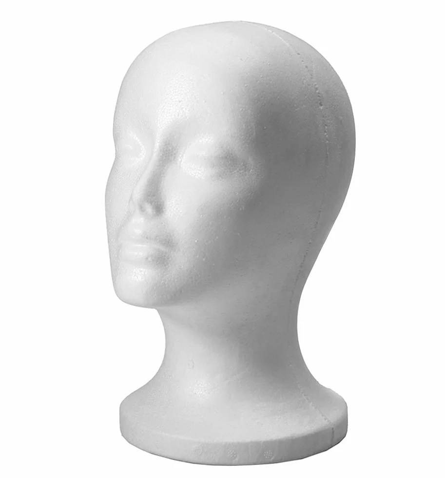 Testa di manichino in polistirolo per parrucche, occhiali e cappelli