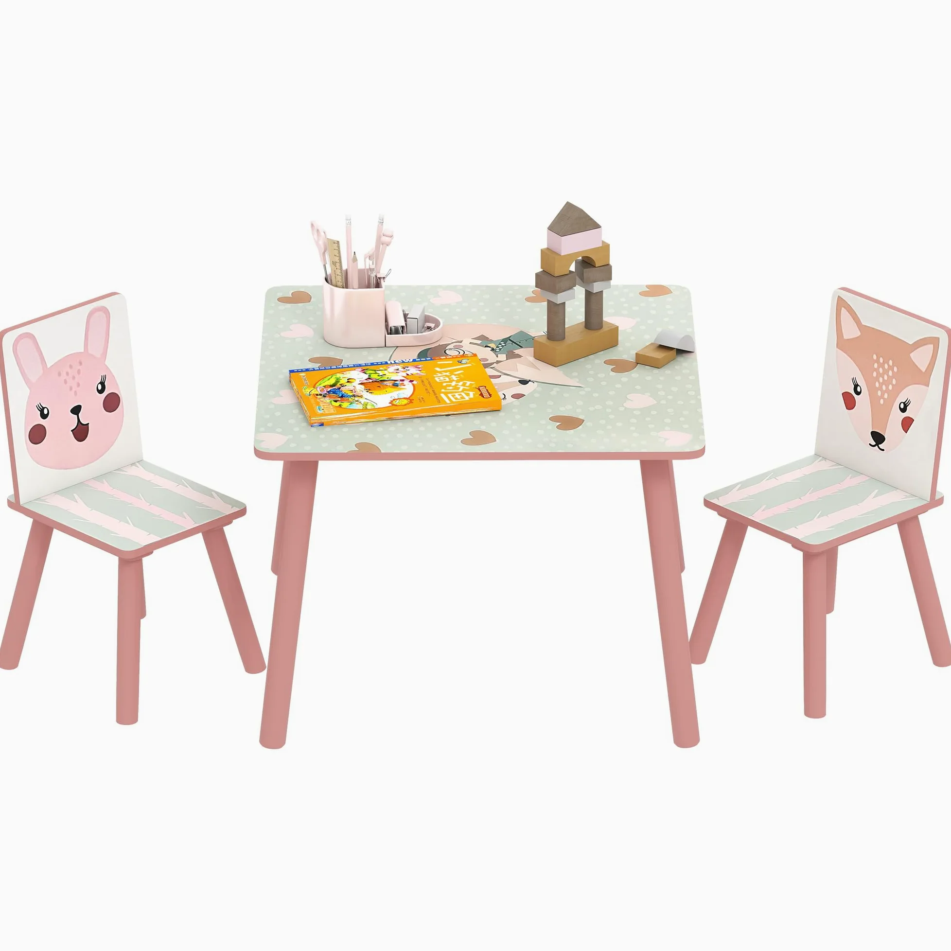 ZONEKIZ Set 3 Pezzi con Tavolo e 2 Sedie per Bambini da 3-8 Anni in MDF e Legno di Pino, Tavolino per Bambini e Seggiole con Disegni di Animali, Rosa