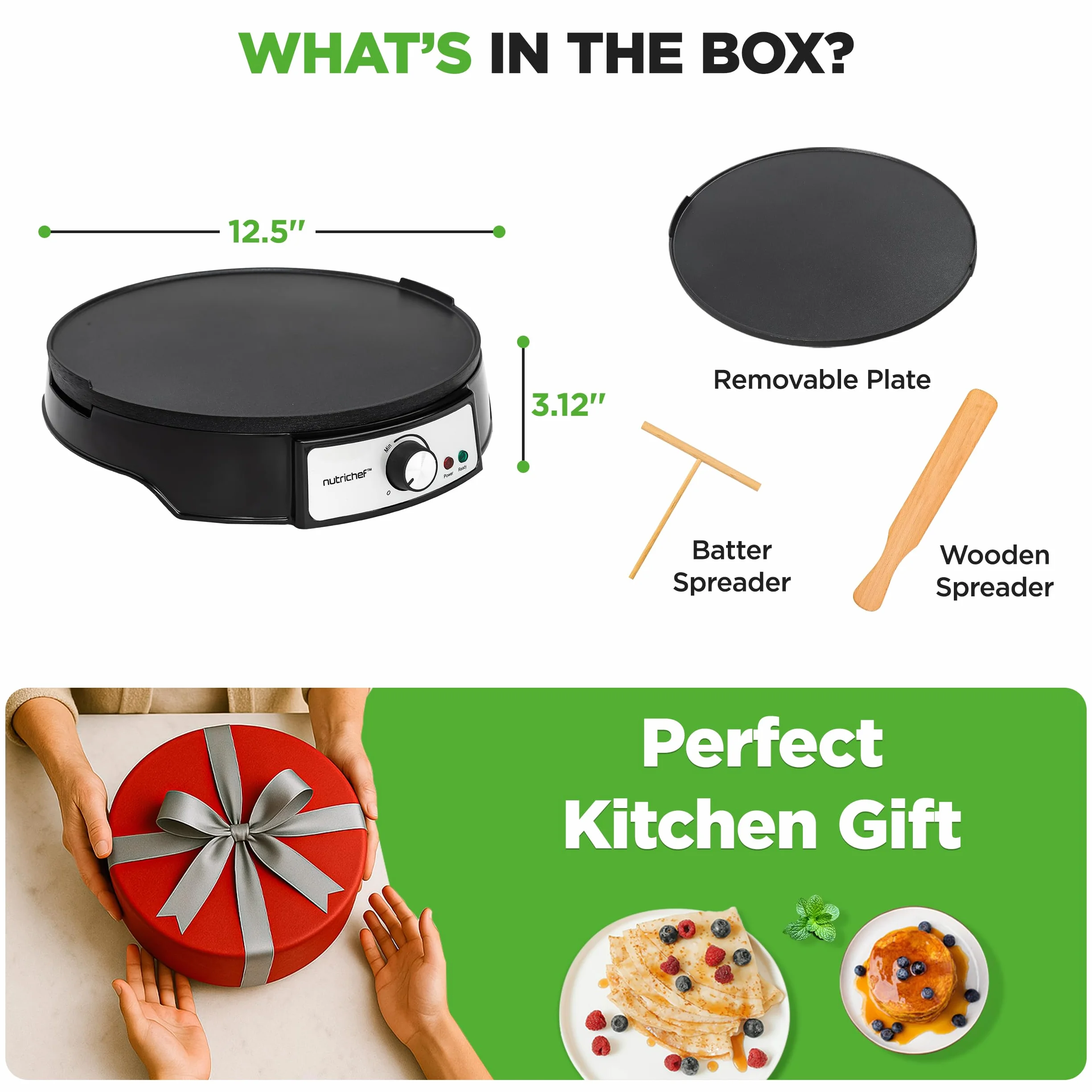 NutriChef Crepiera Elettrica 30 cm 1000W, Piastra Antiaderente Reversibile, Temperatura Regolabile LED