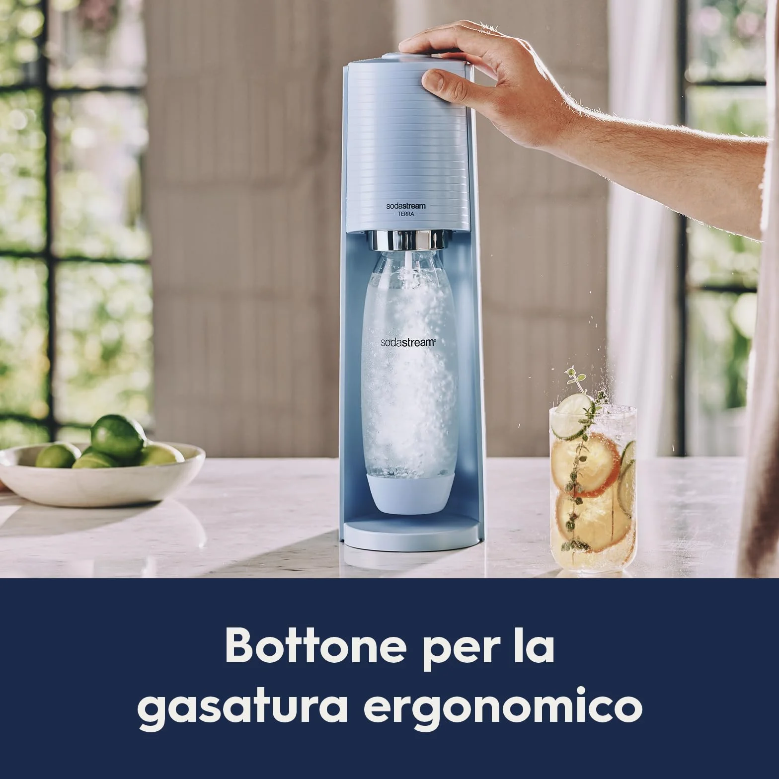 SodaStream Terra Gasatore Macchina per Acqua Frizzante con Cilindro CO2 e Bottiglia Lavabile in Lavastoviglie, Azzurro