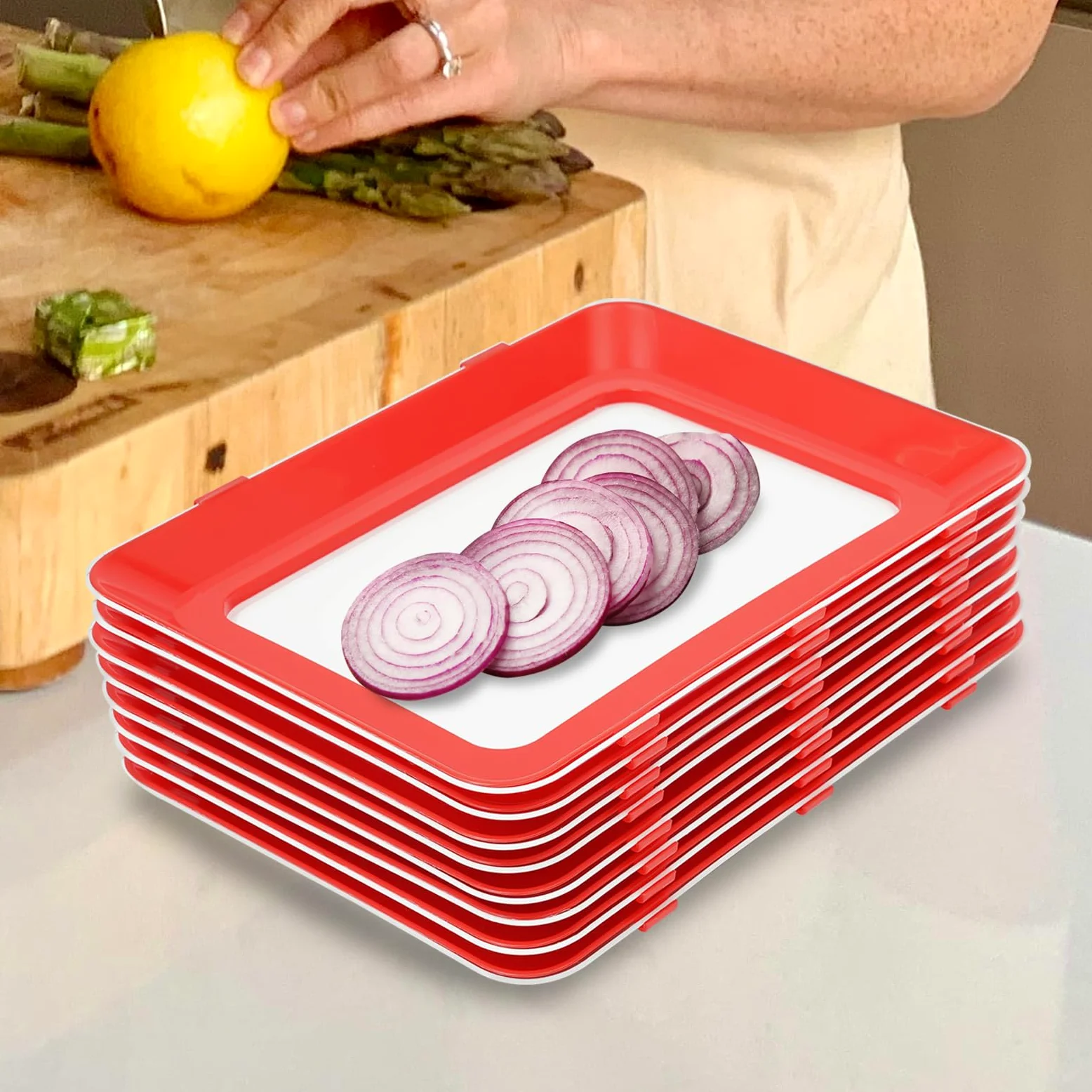Set di 8 vassoi con pellicola elastica, riutilizzabili, impilabili, per conservare alimenti, 30 x 22 x 3 cm
