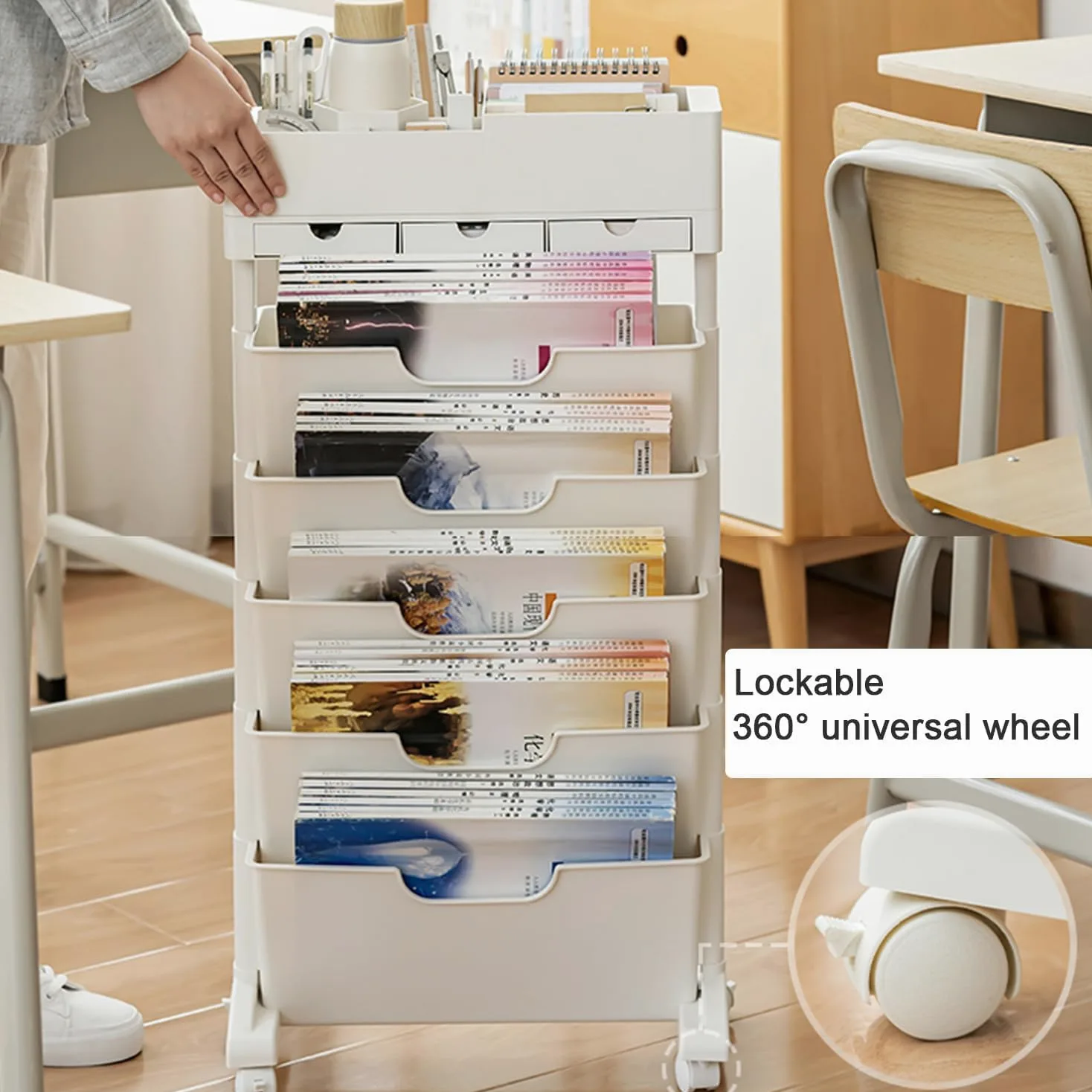 Scaffale Mobile a 6 Livelli con 3 Cassetti, Carrello Portadocumenti per Biblioteca, Scaffale Mobile per Libri sulla Scrivania Dell'aula, Classificatore da Ufficio con Rotelle Bloccabili
