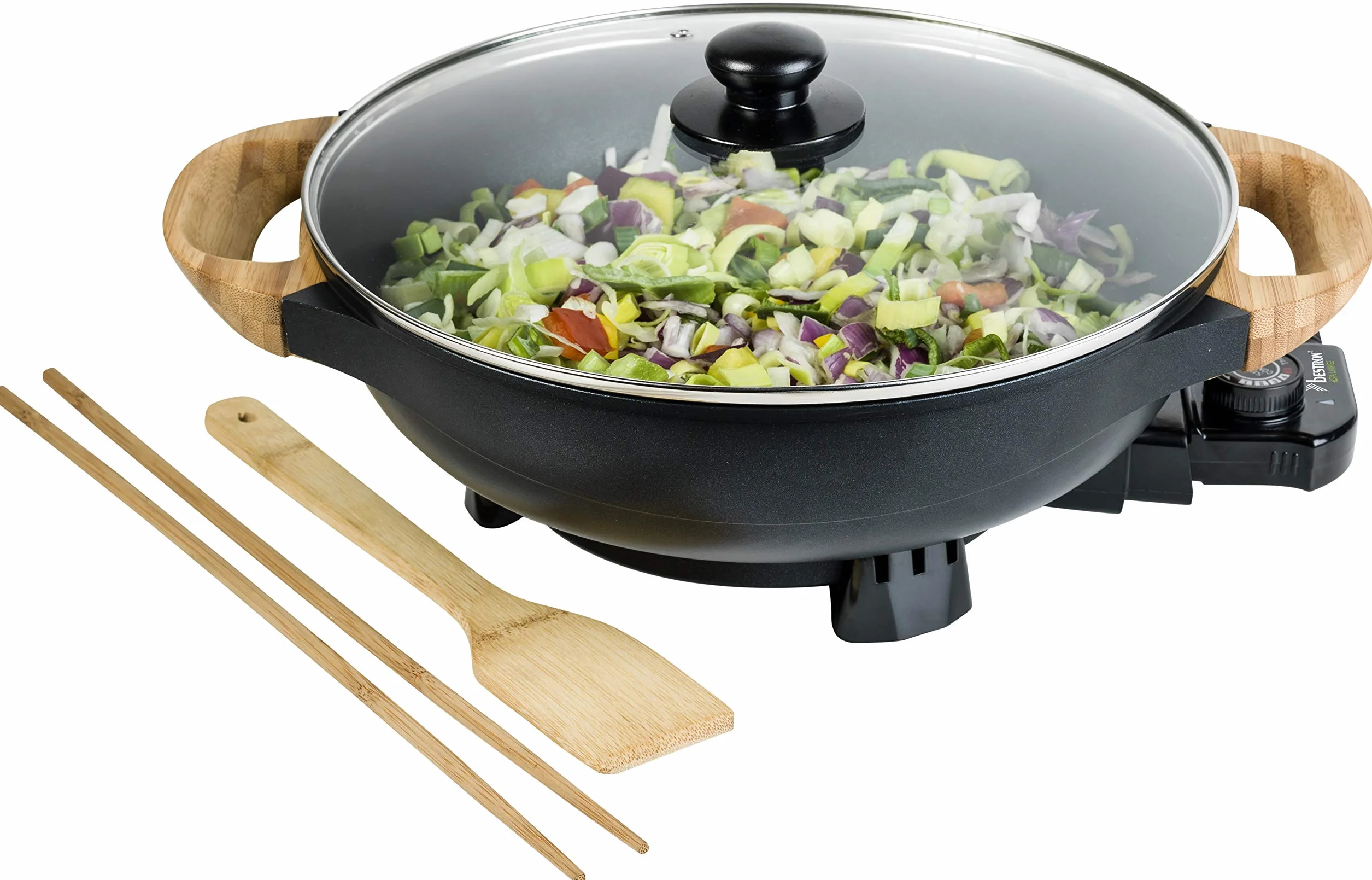 Bestron AEW100AS Wok Elettrico 1500W 5 Litri Nero Metallizzato con Coperchio Vetro e Accessori