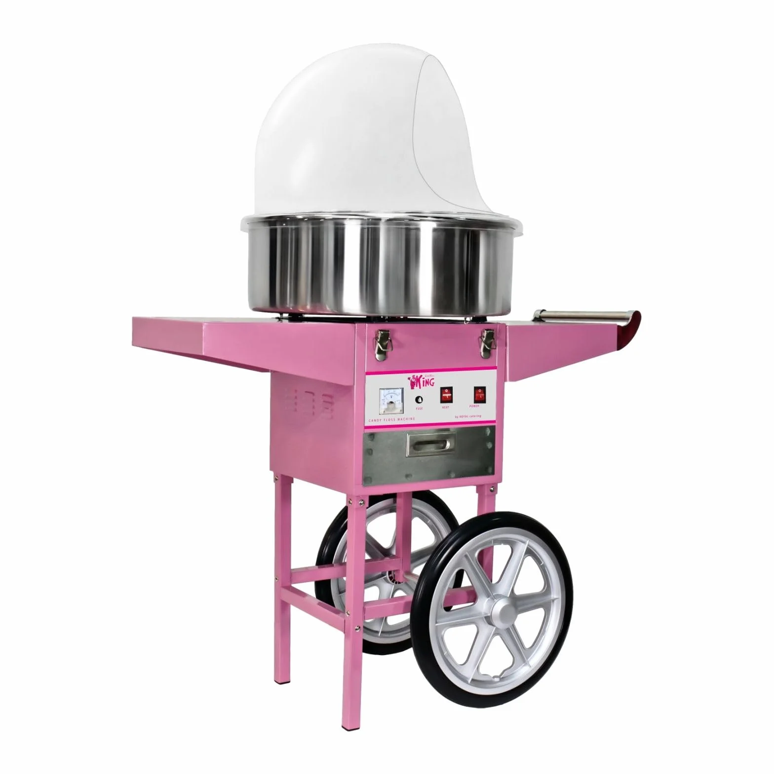 Royal Catering Macchina per zucchero in cotone con carrello, controllo termostato e rotazione, 1200 W, colore rosa, 52 cm
