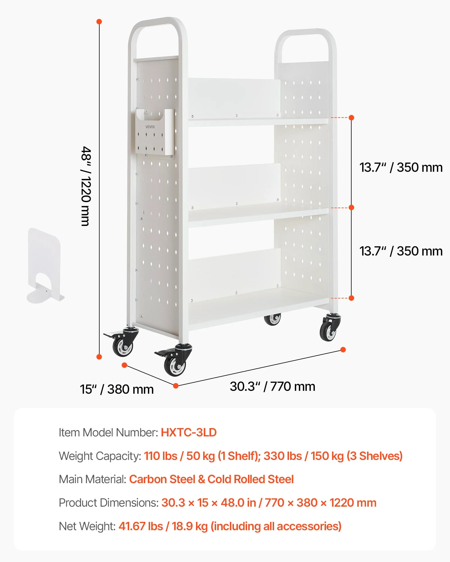 VEVOR Carrello Portalibri con Ruote 770 x 380 x 1220 mm Carrello Rotante Porta Libri, Carico 150 kg Ripiani a L Monofacciali con Ruote Bloccabili 7,6 cm per Scaffali di Casa, Ufficio e Scuola, Bianco