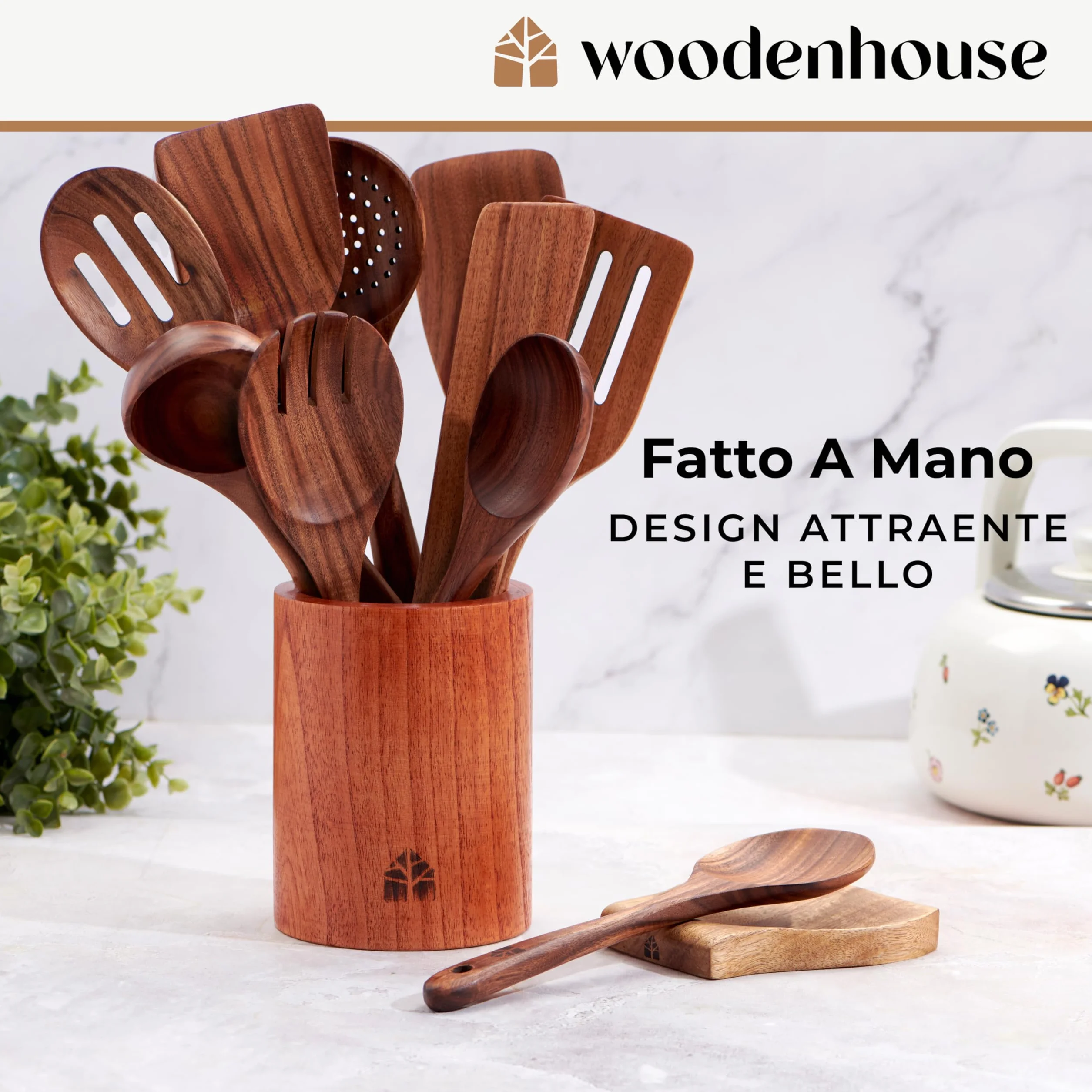 Woodenhouse - Set di 12 Pezzi di Utensili da Cucina in Legno di Teak con Supporto, Porta Cucchiaio e Ganci Nonstick
