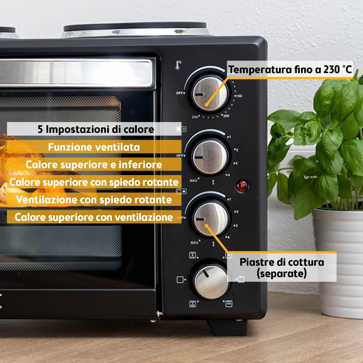TZS First Austria - Mini Forno con fornelli 30L 3200 W - Fornetto per pizza con piastre fino a 230°C e 6 modalità di riscaldamento - Multiforno con 4 altezze di inserimento e accessori di alta qualità