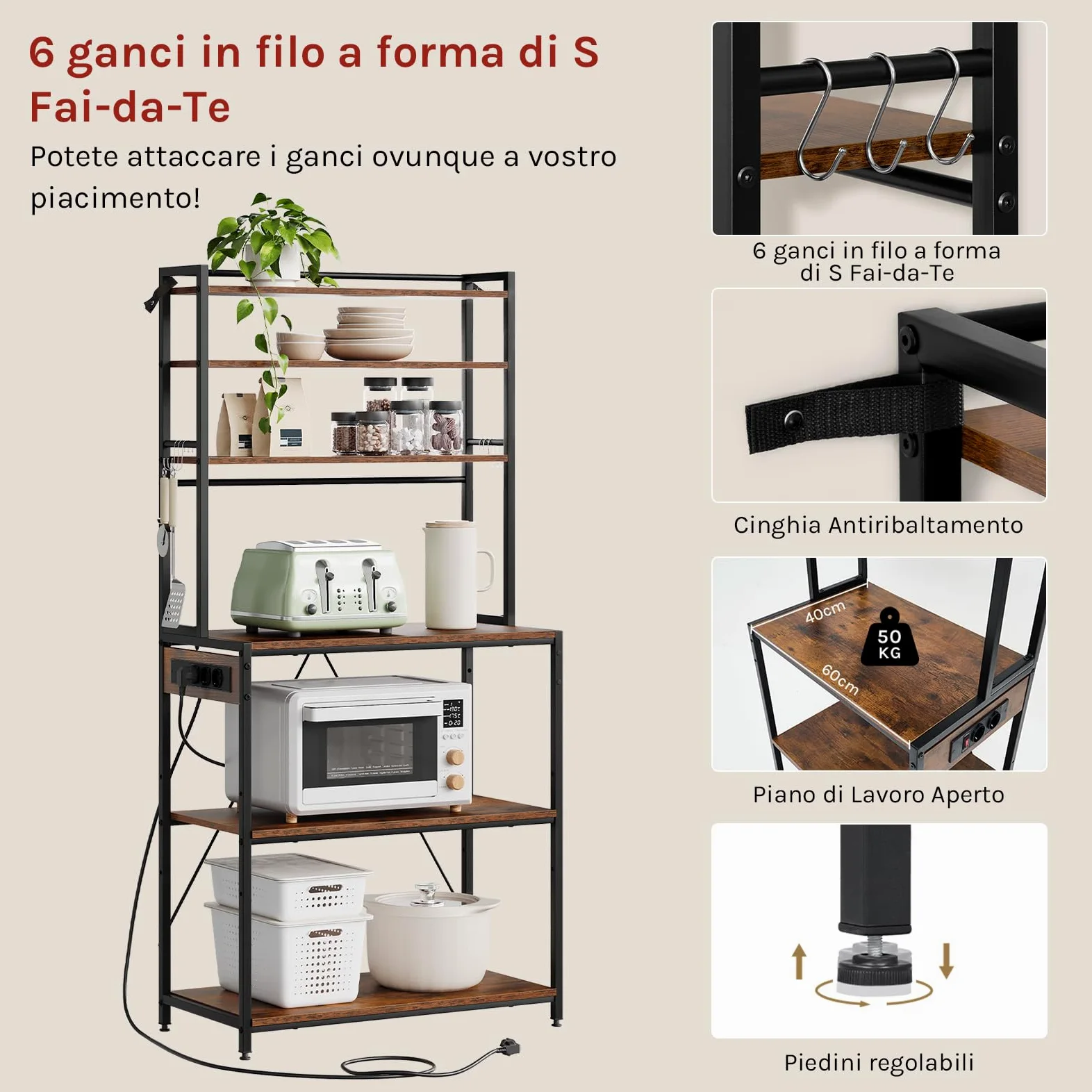 WOLTU Scaffale da Cucina a 6 Livelli con Prese di Corrente, Scaffale per Microonde con Struttura in Metallo e Piano di Lavoro Aperto, Nero+Marrone Rustico, 80x39,5x167cm