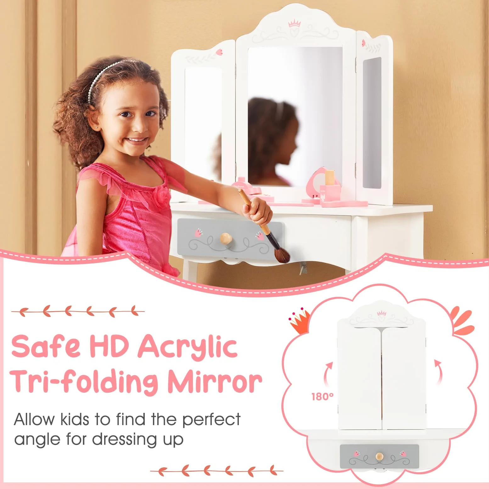 RELAX4LIFE Toeletta Trucco per Bambina, Specchiera Trucco con Sgabello e Accessori da Trucco, Toeletta in Legno, Specchio Rimovibile, per Bambini 3+ Anni (TRIPLO, 34x50x93cm)